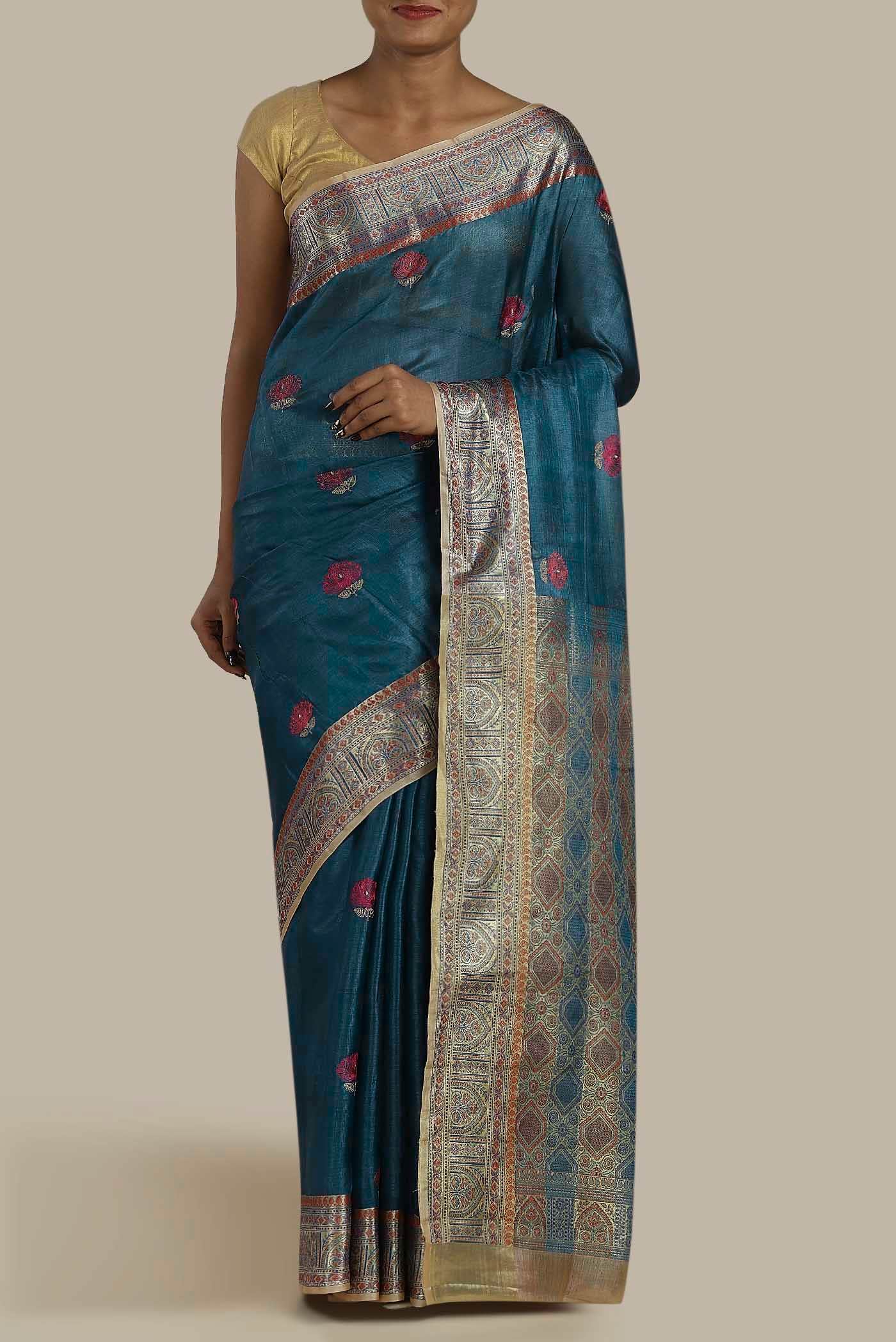 Blue Banarasi Tussar Silk Saree