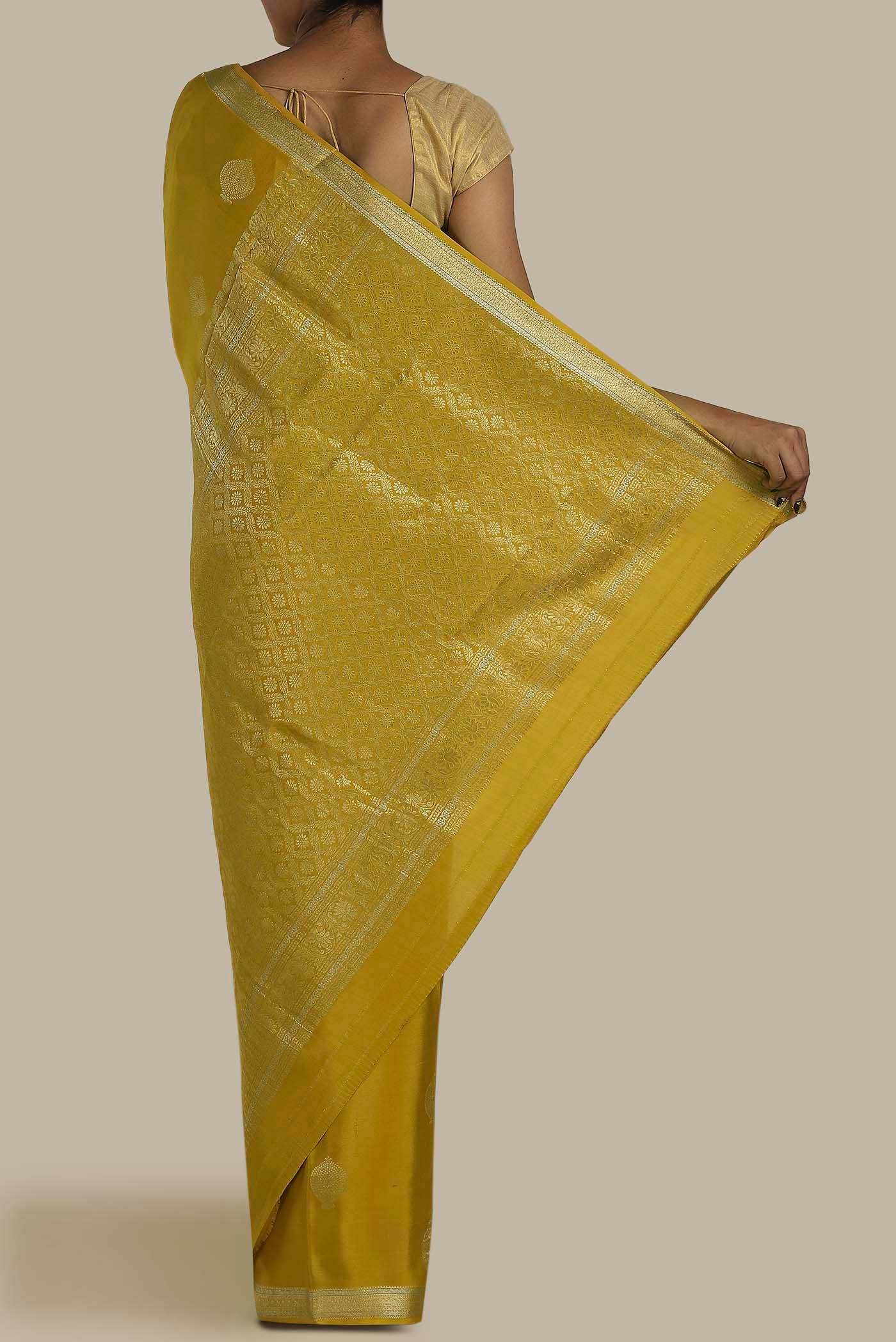 Yellow Mysore Crepe Saree