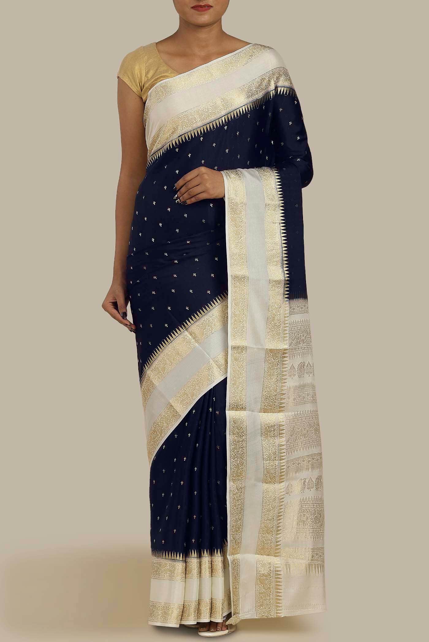 Blue Mysore Crepe Saree