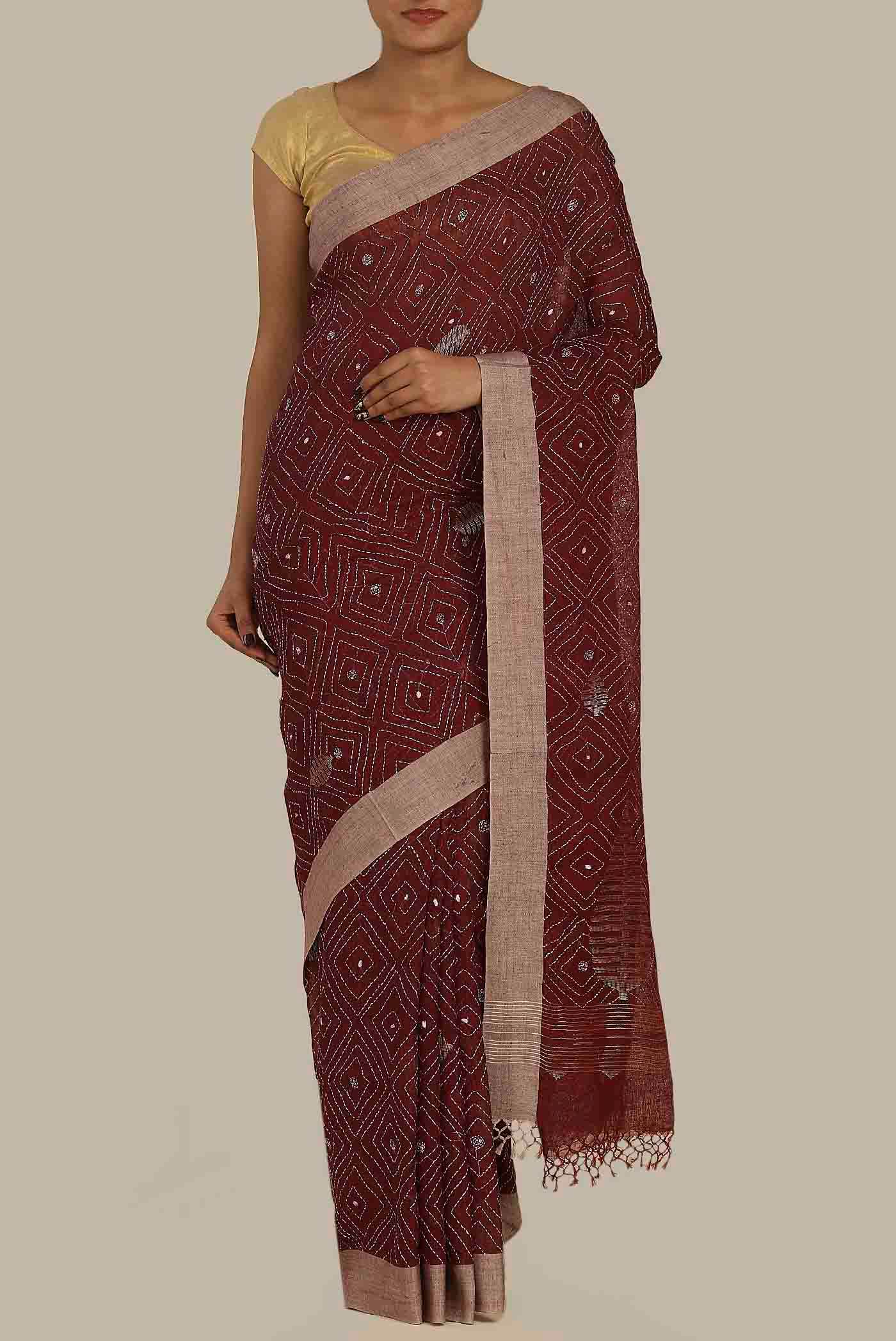 Maroon Bengal Cotton Saree