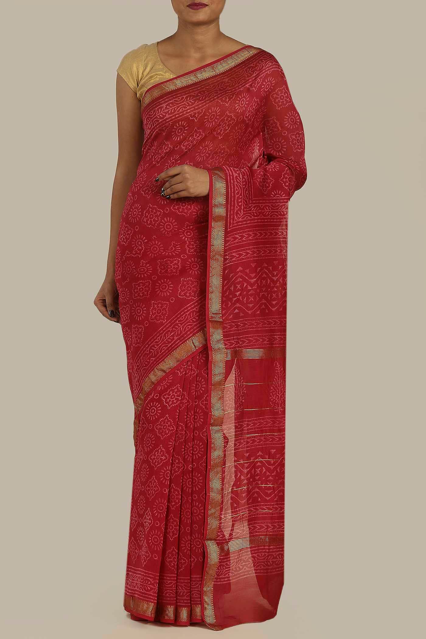 Red Maheshwari Silk Cotton Saree