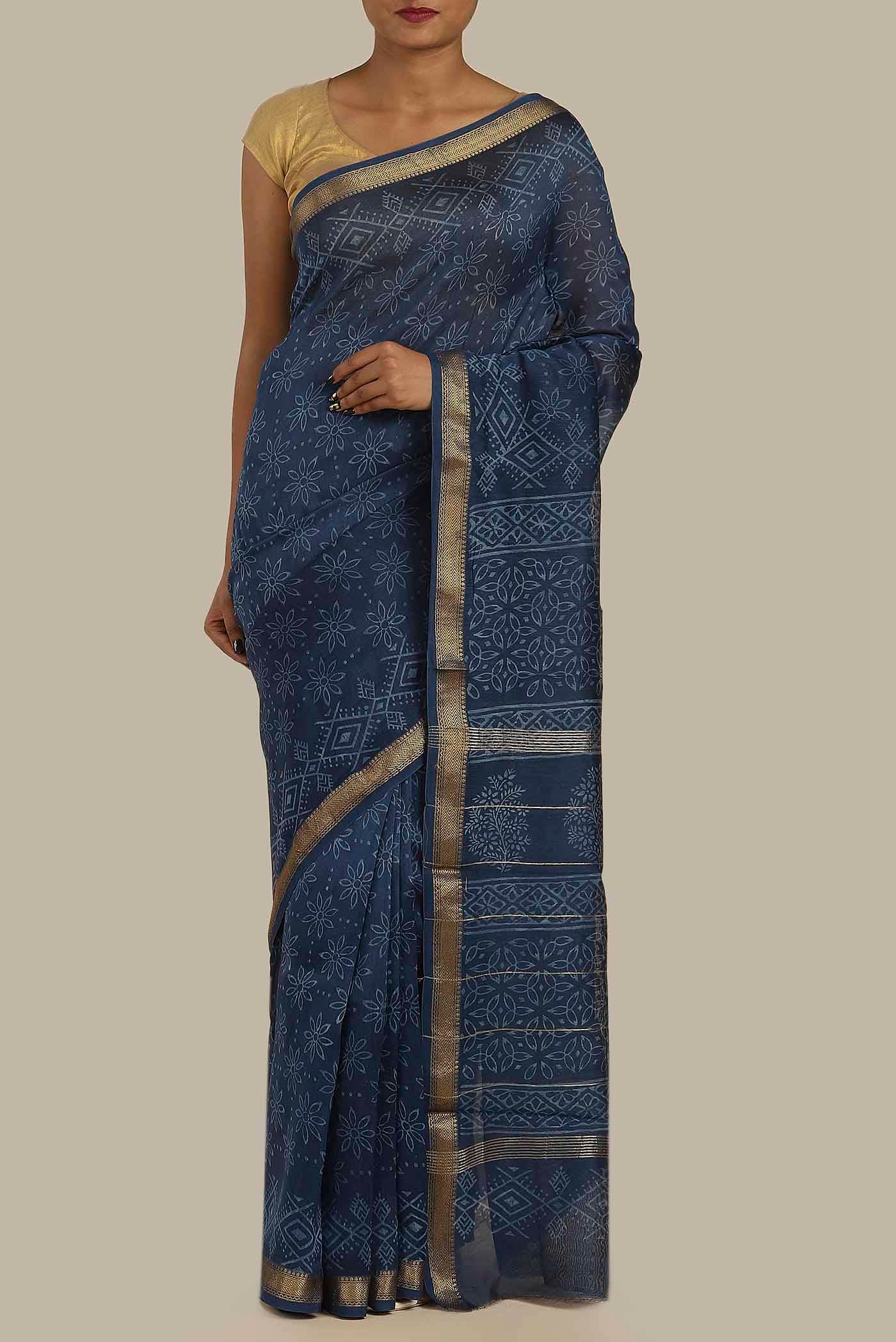 Blue Maheshwari Silk Cotton Saree