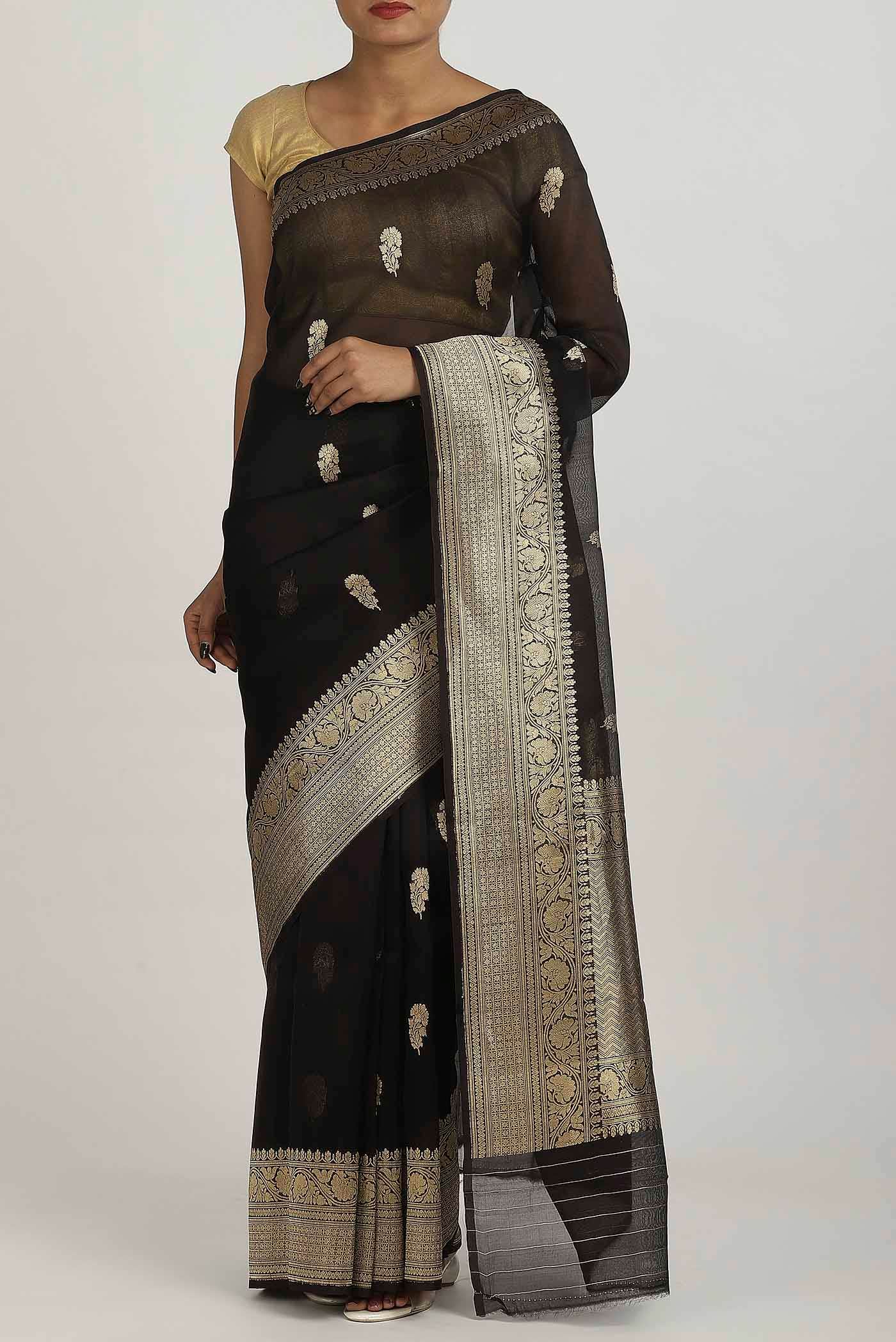 Black Banarasi Kora Silk Saree