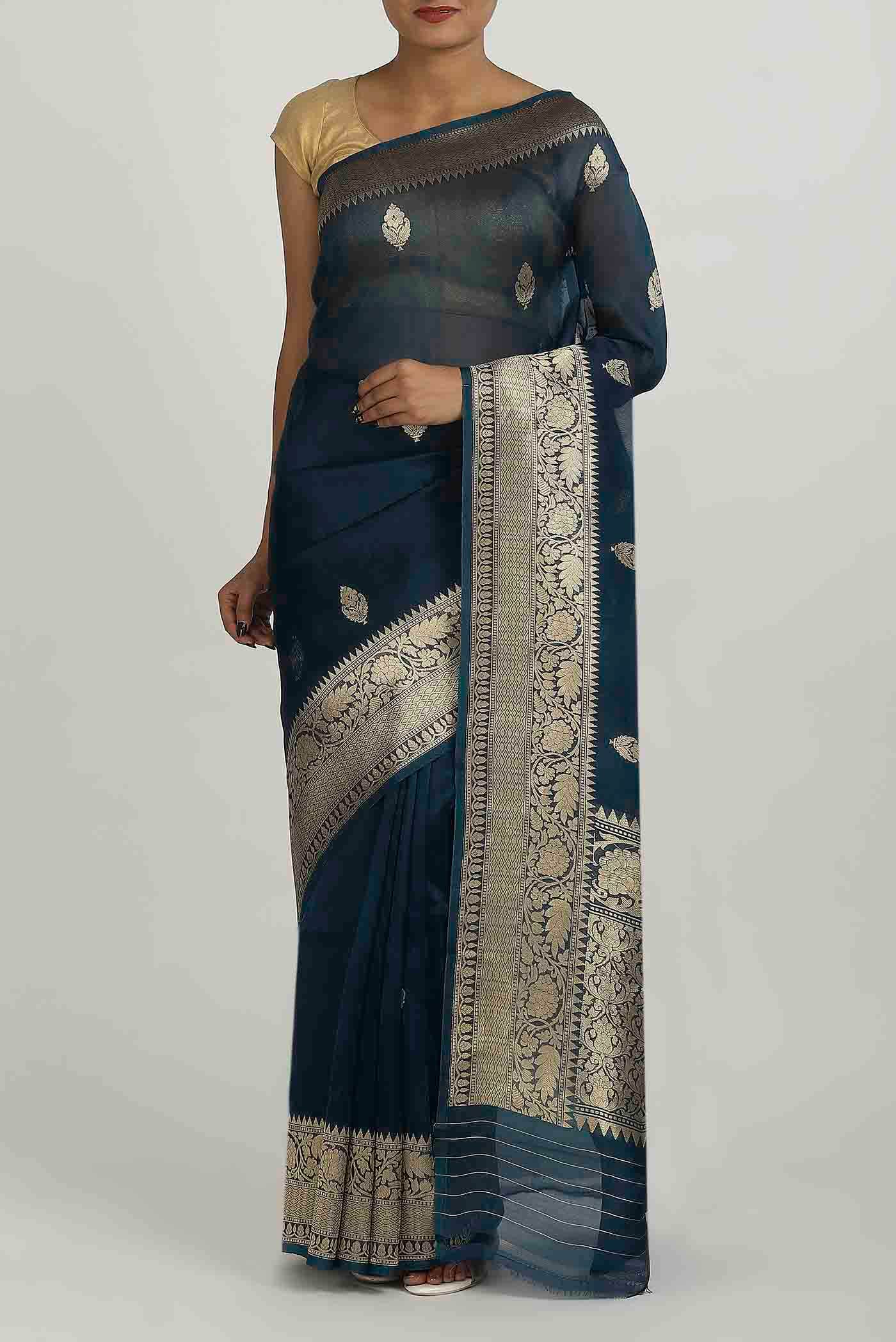 Blue Banarasi Kora Silk Saree