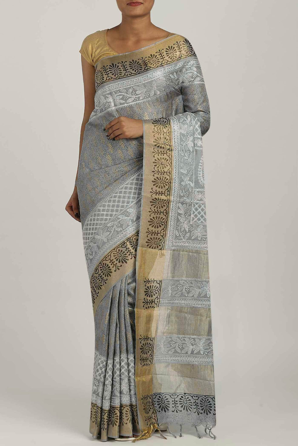 Grey Tussar Silk Saree