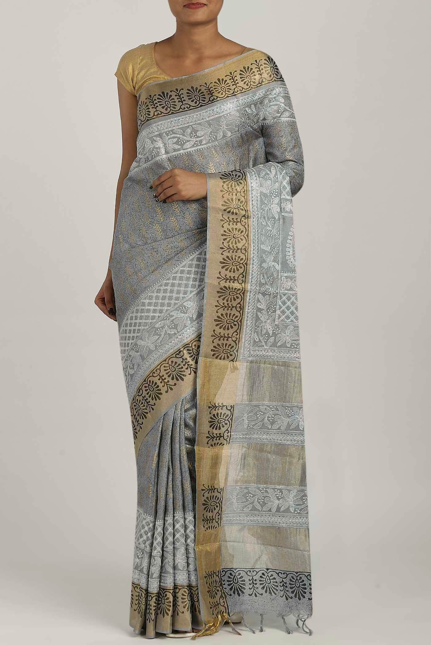 Grey Tussar Silk Saree