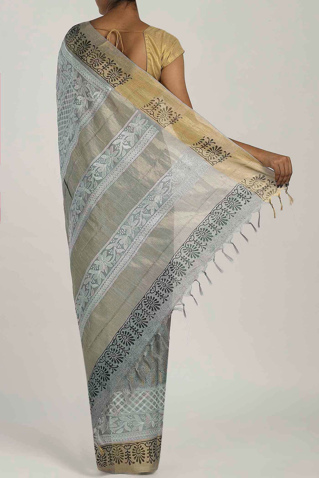 Grey Tussar Silk Saree