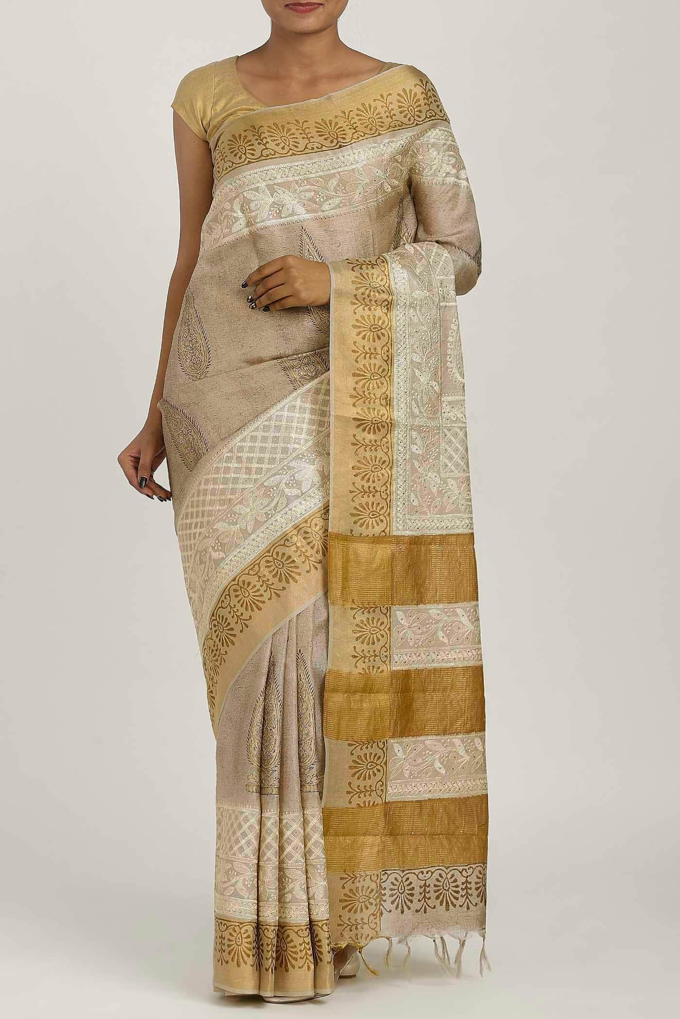 Beige Tussar Silk Saree