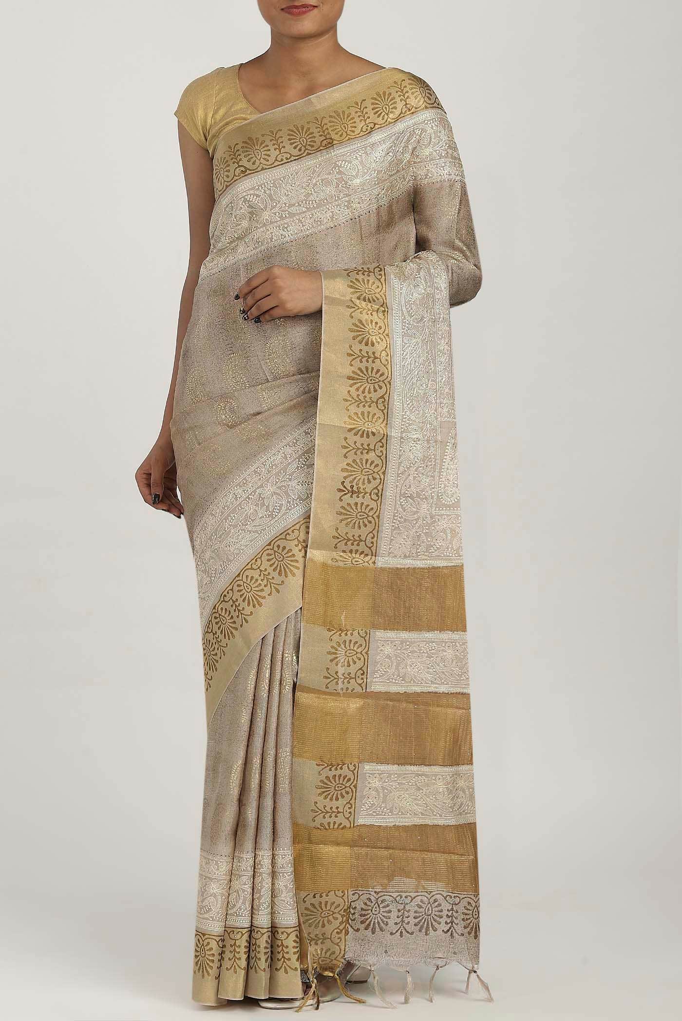 Beige Tussar Silk Saree