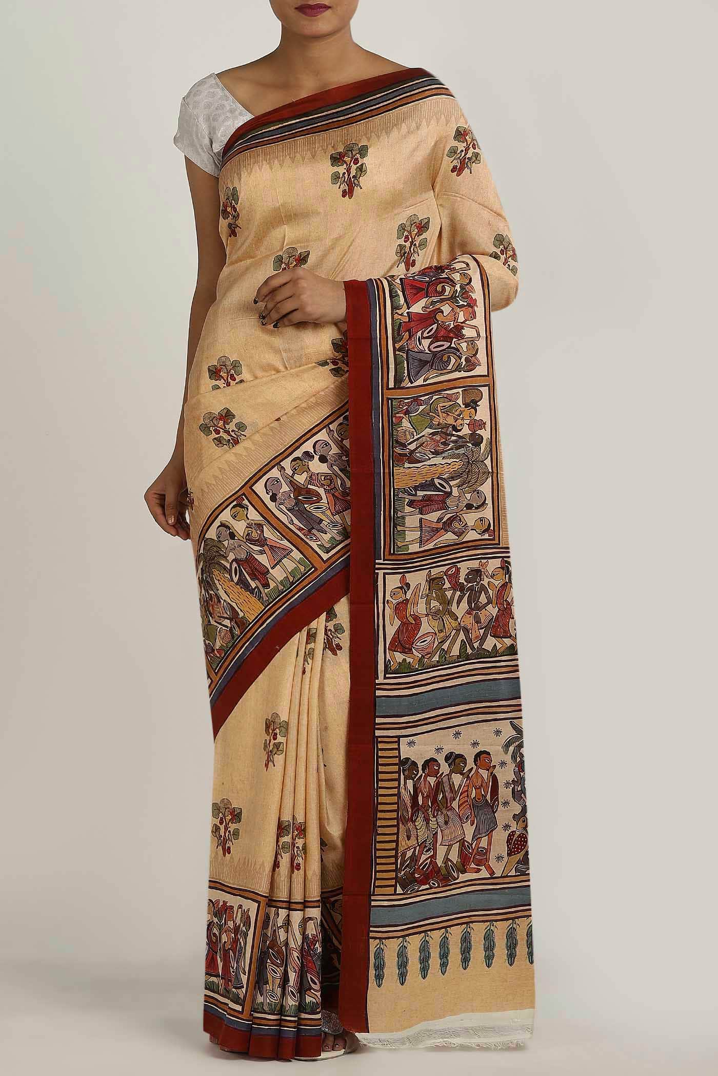 Beige Printed Silk Saree