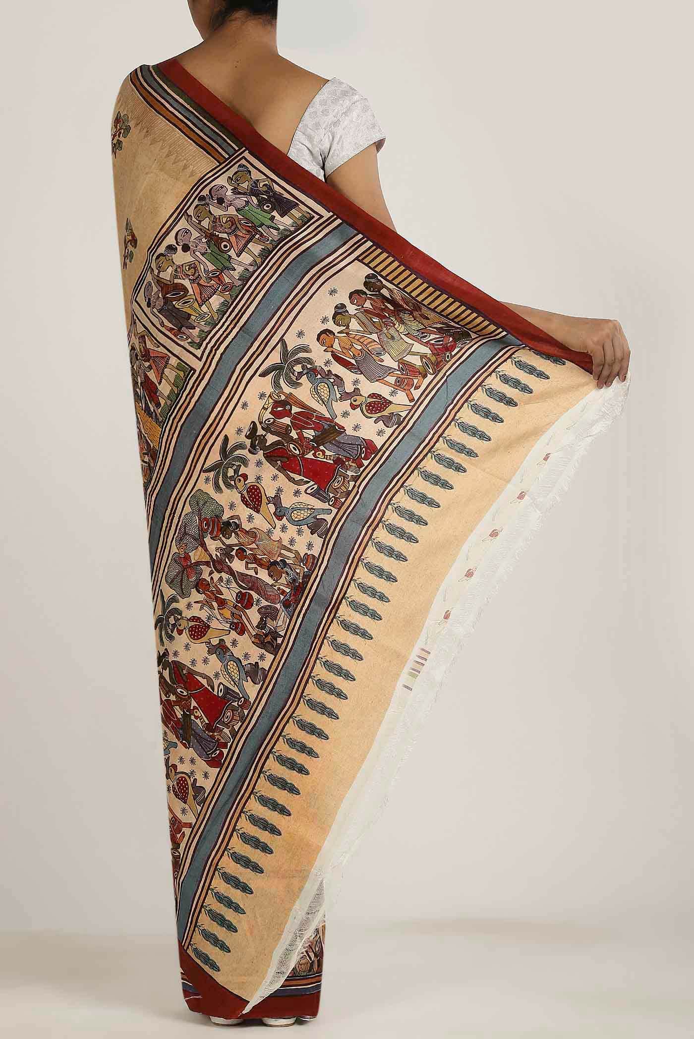 Beige Printed Silk Saree