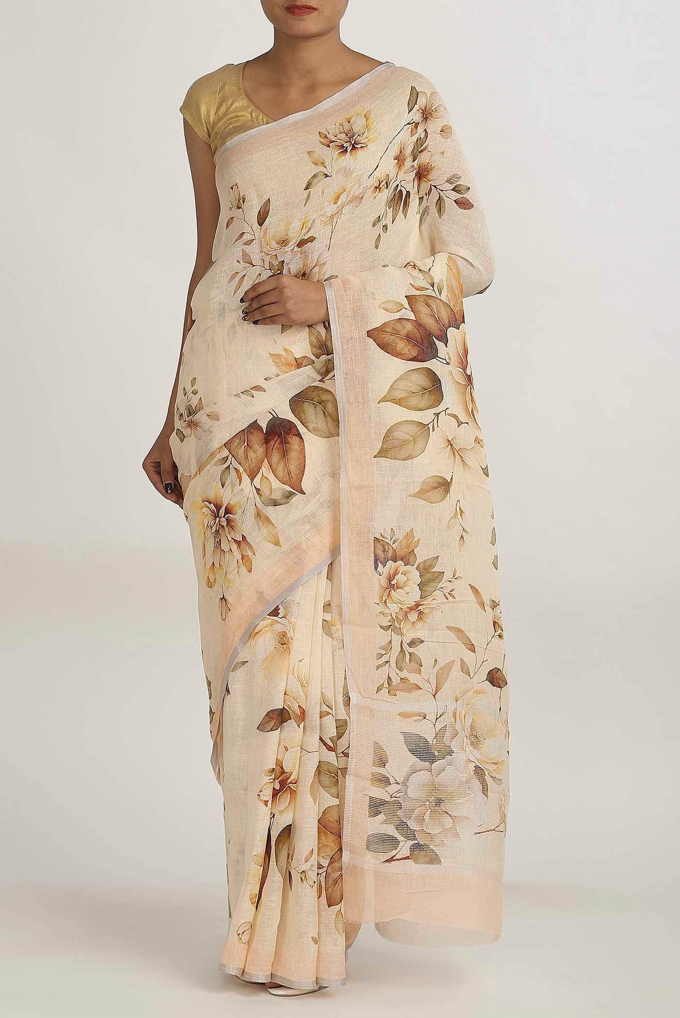 Beige Linen Cotton Saree