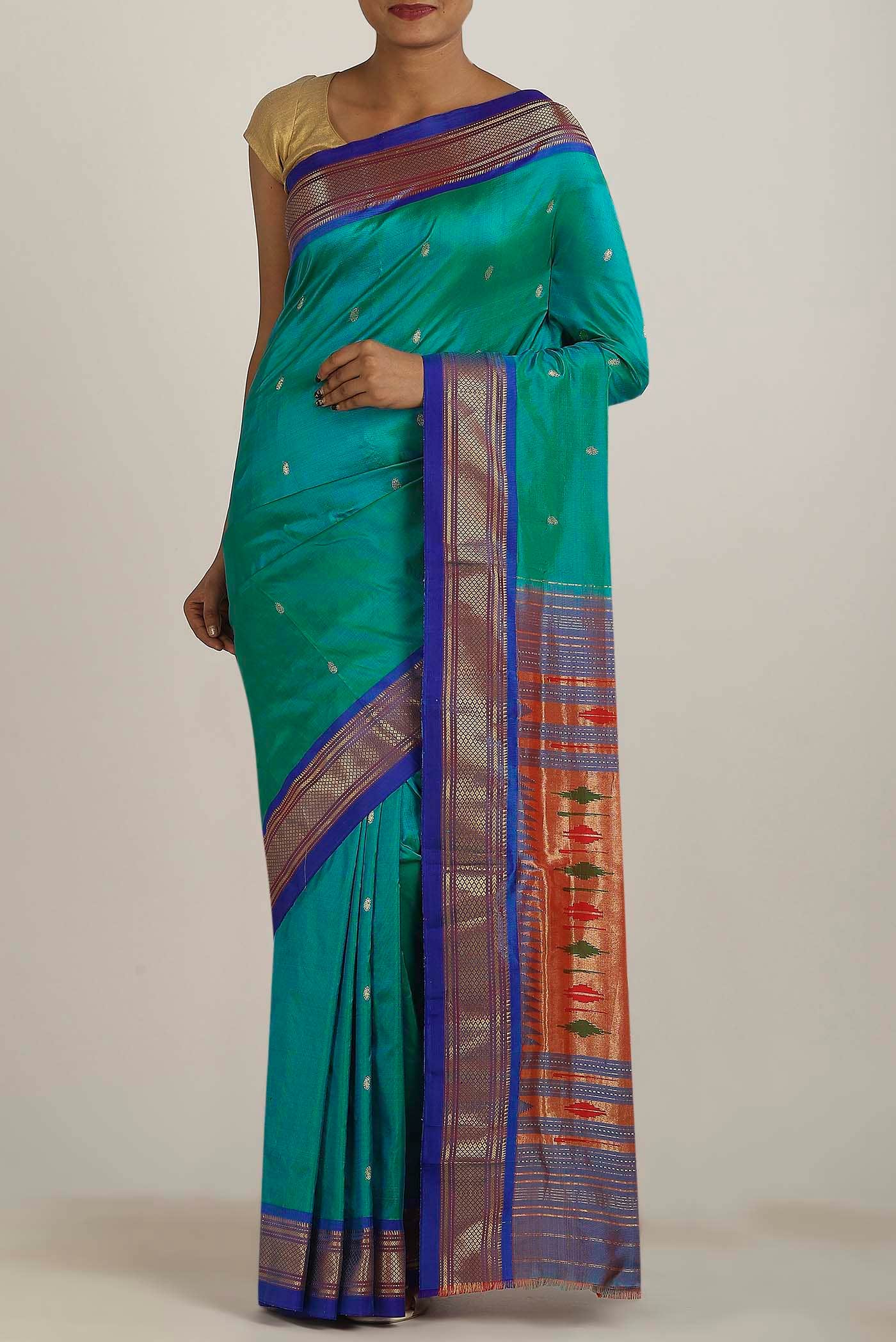 Green with Blue Dual Tone Paithani Silk Saree