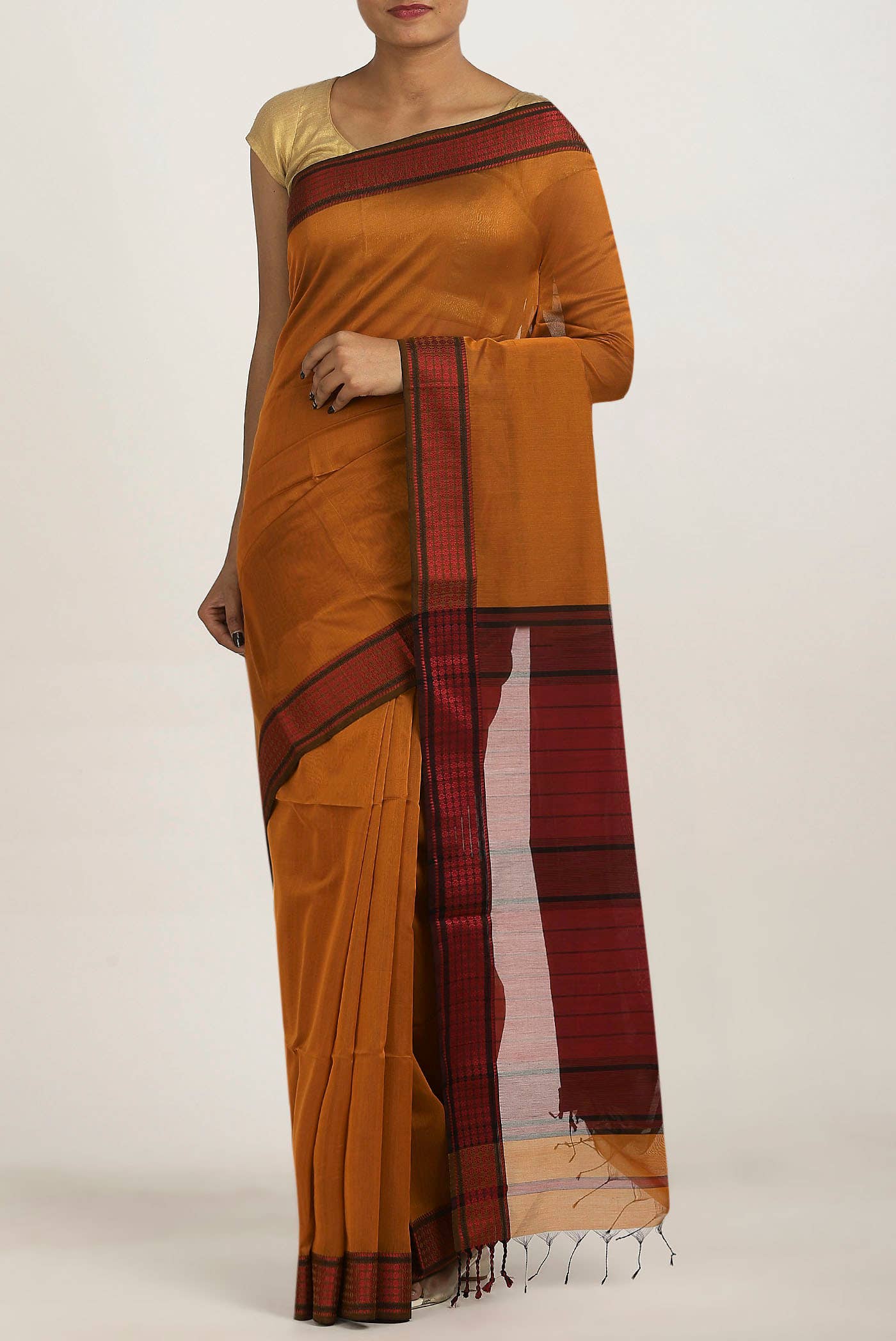 Rust Maheshwari Silk Cotton Saree