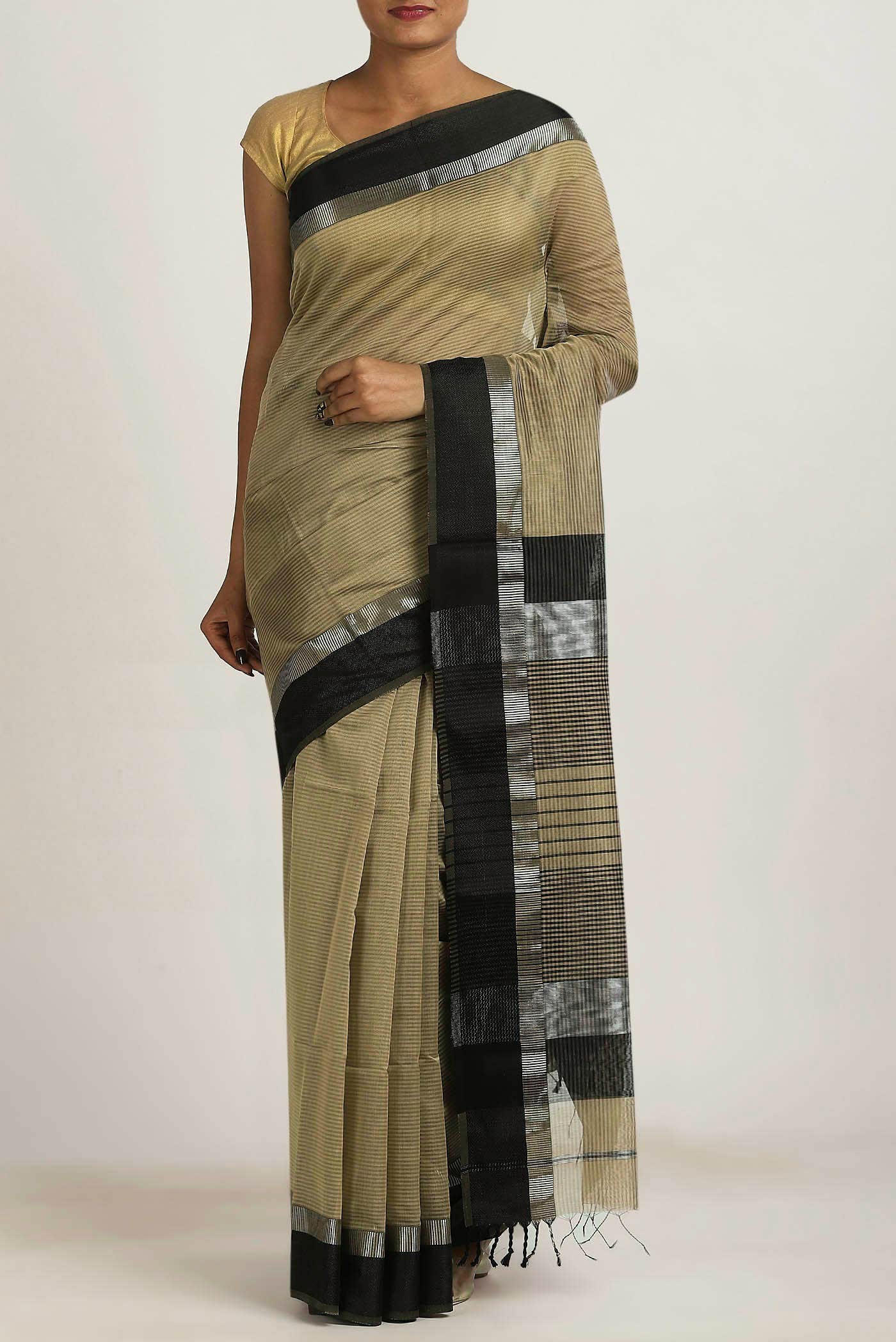 Beige Maheshwari Silk Cotton Saree