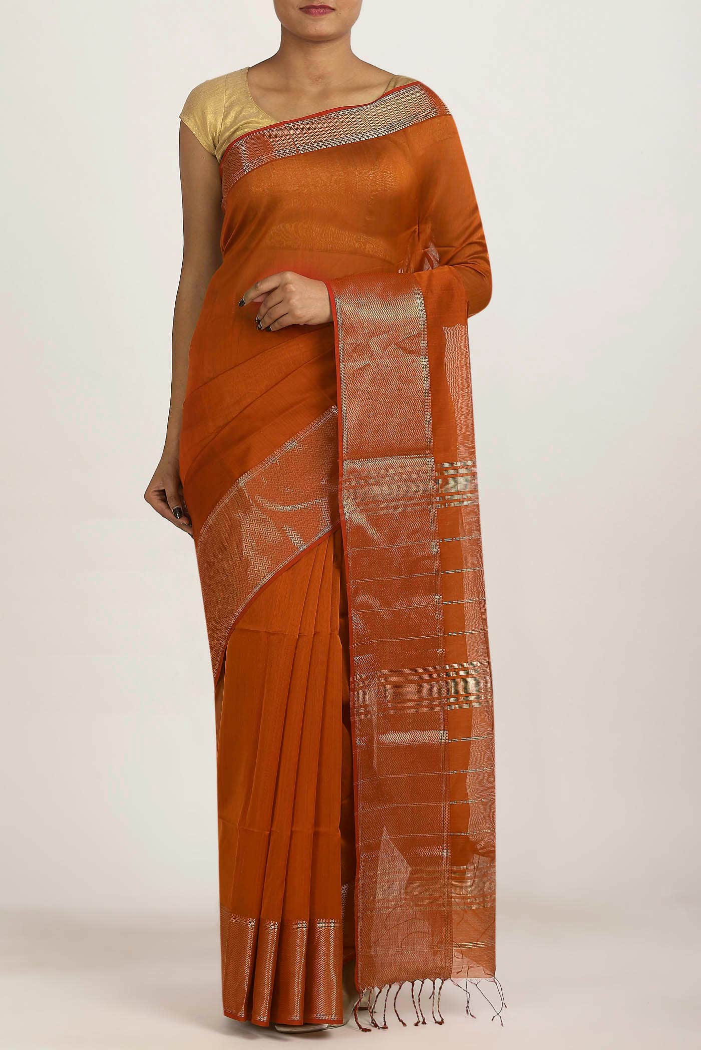 Rust Maheshwari Silk Cotton Saree