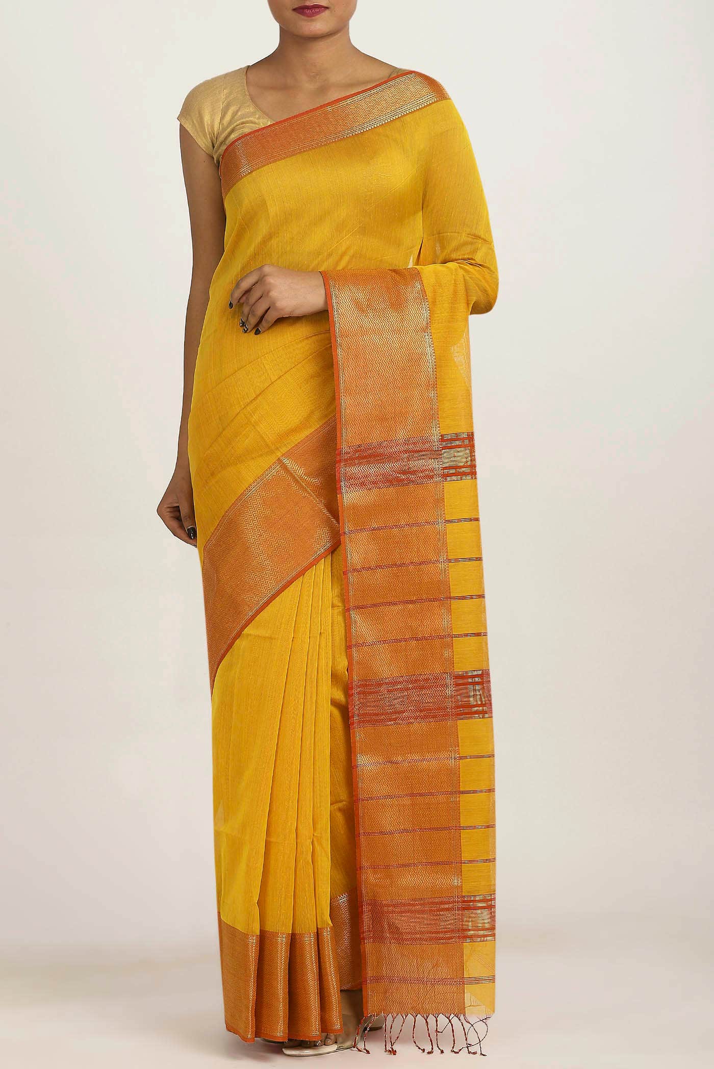 Yellow Maheshwari Silk Cotton Saree