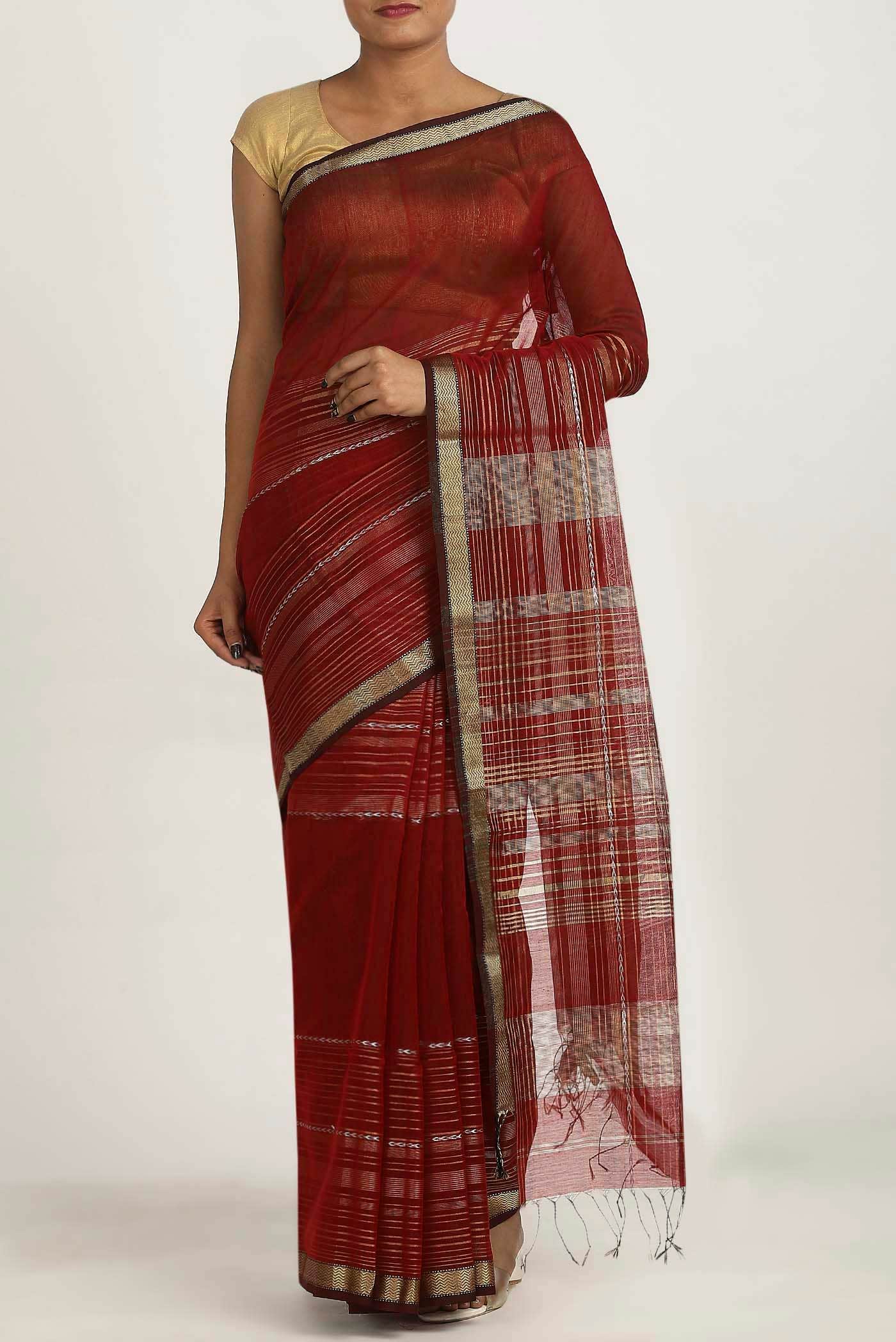 Maroon Maheshwari Silk Cotton Saree
