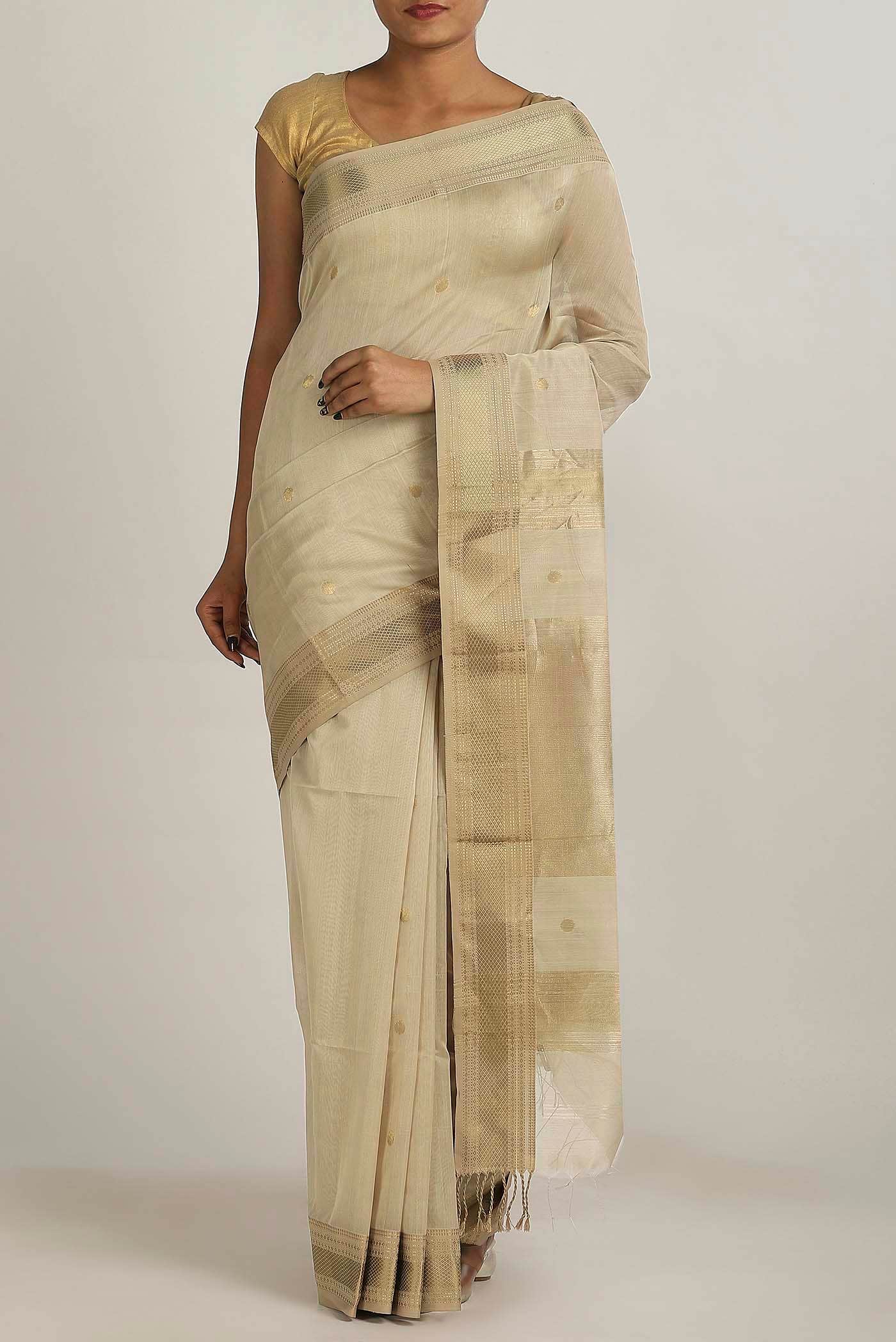 Beige Maheshwari Silk Cotton Saree