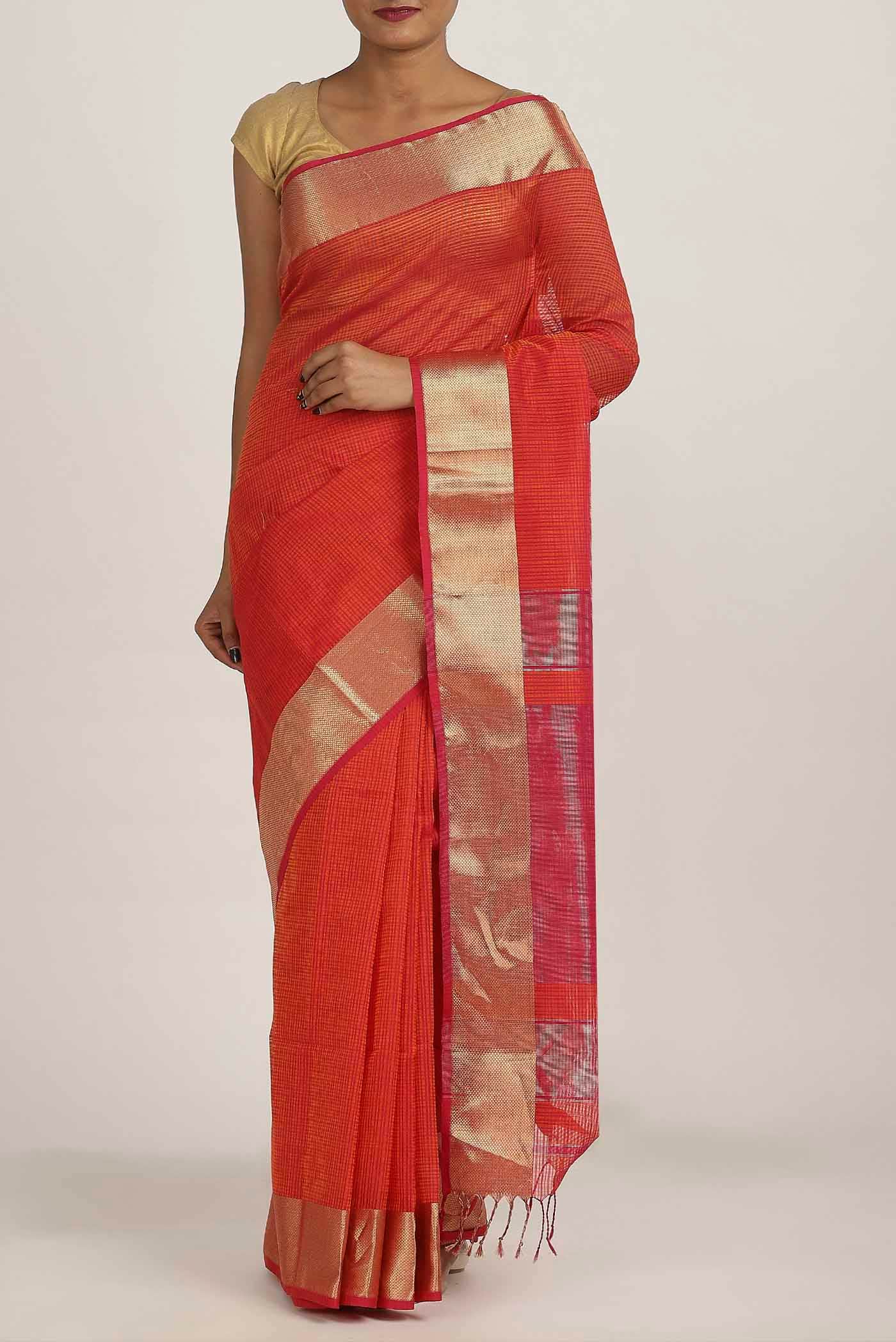 Orange Maheshwari Silk Cotton Saree