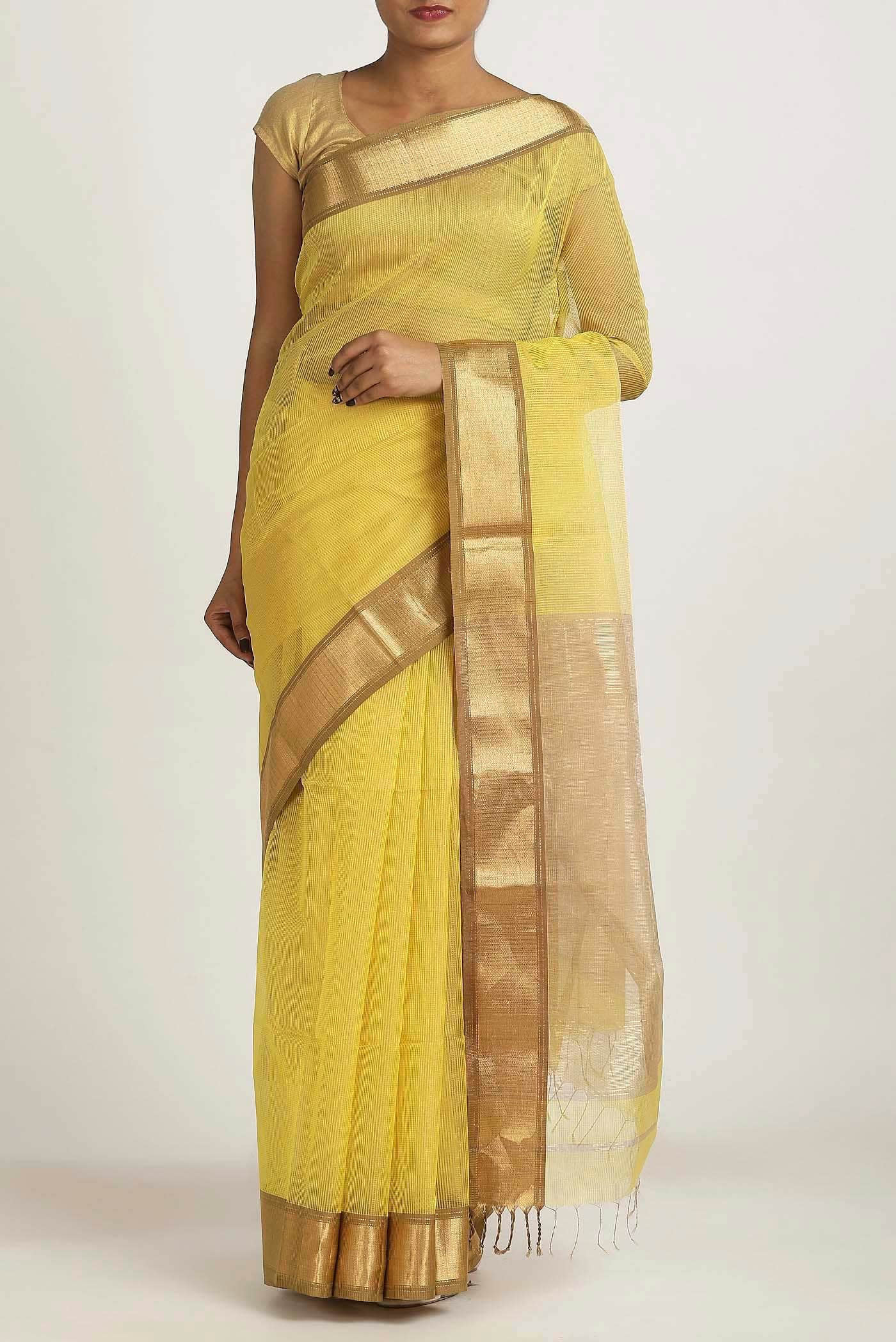 Yellow Maheshwari Silk Cotton Saree
