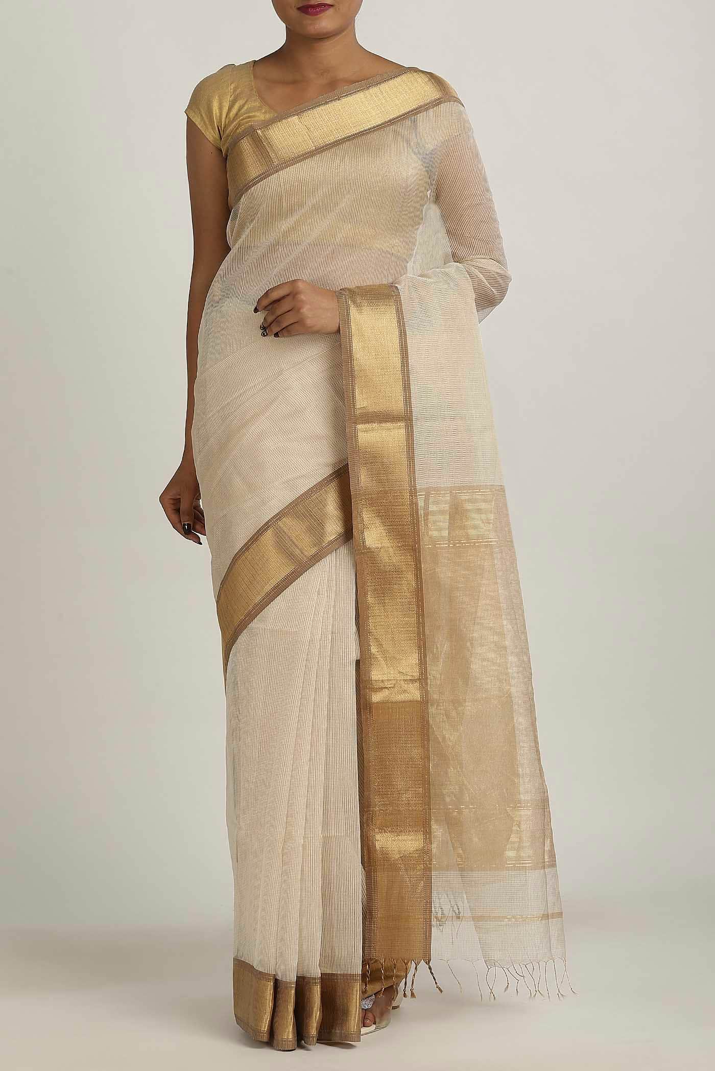 Beige Maheshwari Silk Cotton Saree