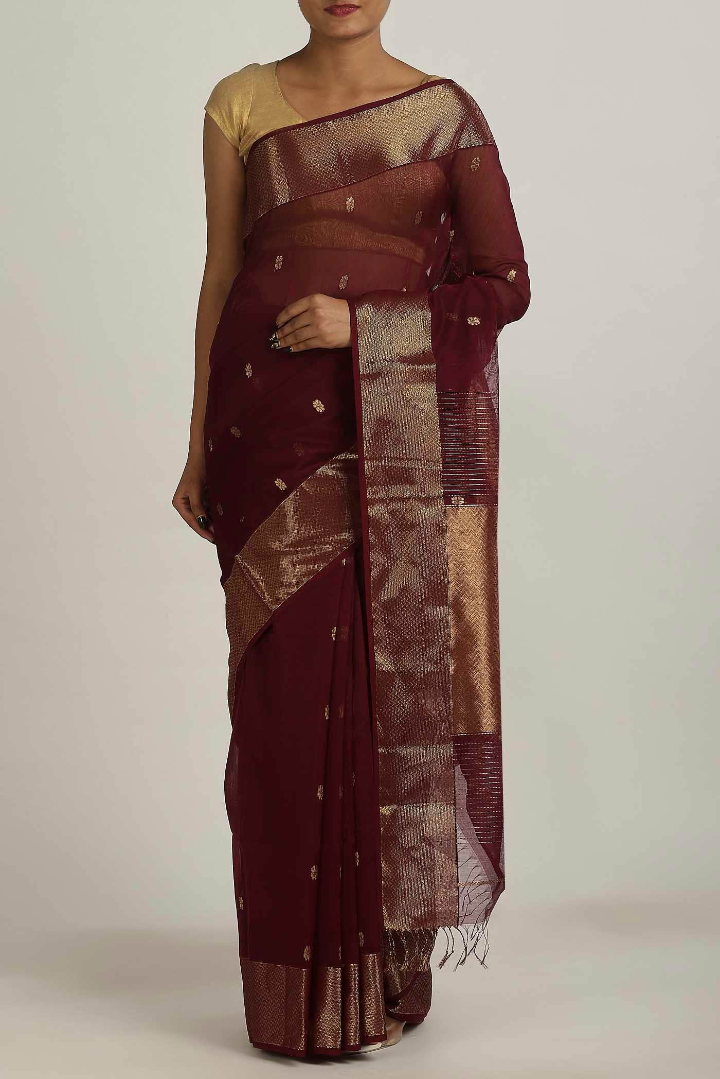 Maroon Maheshwari Silk Cotton Saree