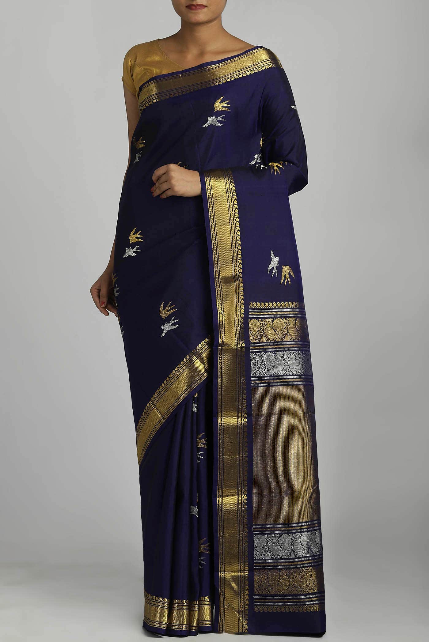 Pure Silk Pure Zari Navy Blue Kanchipuram Saree