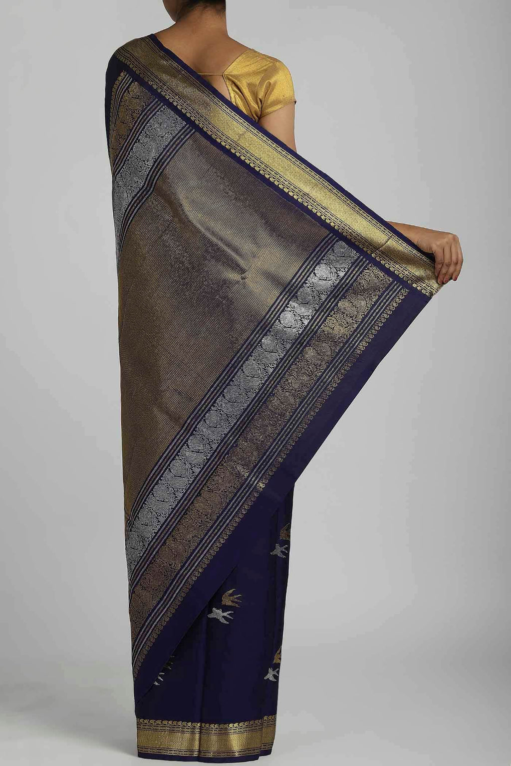 Pure Silk Pure Zari Navy Blue Kanchipuram Saree