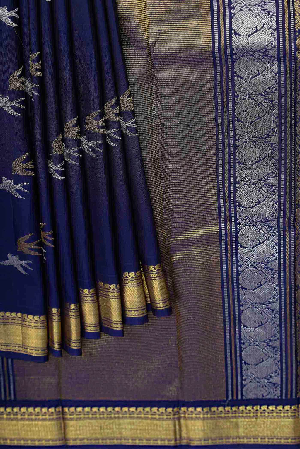 Pure Silk Pure Zari Navy Blue Kanchipuram Saree