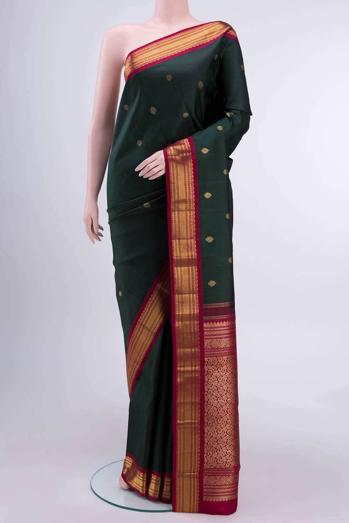 Pure Silk Pure Zari Bottle Green Kanchipuram Saree
