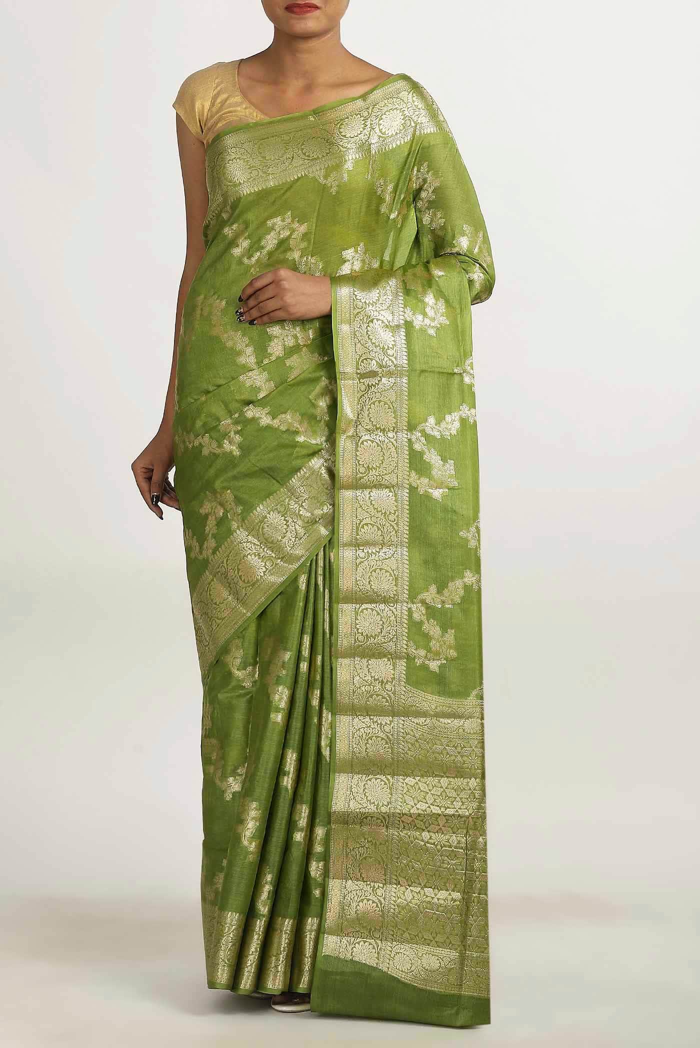 Green Banarasi Raw Silk Saree