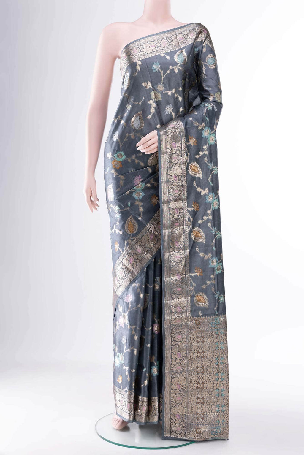 Blue Grey Banarasi Silk Saree