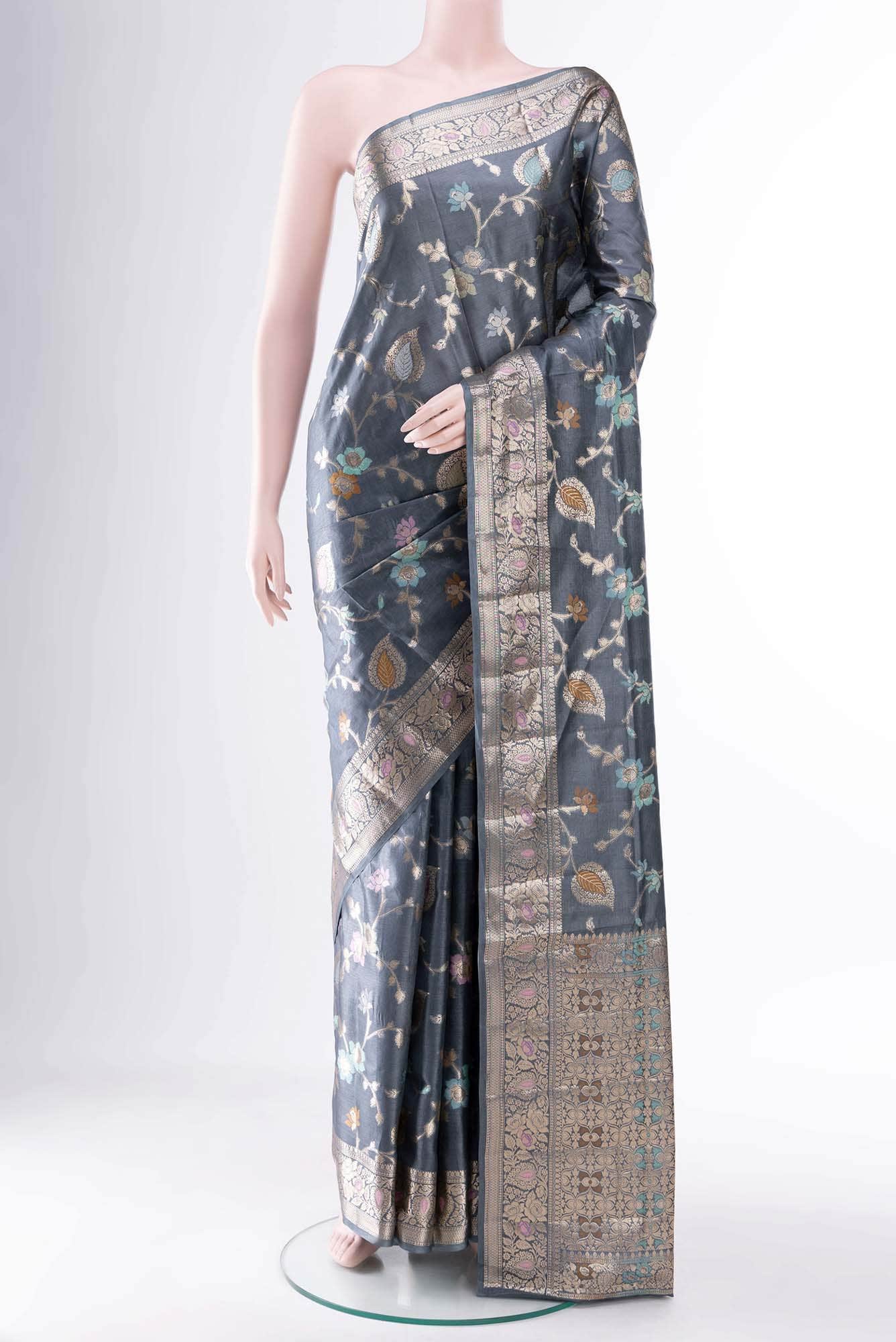 Blue Grey Banarasi Silk Saree
