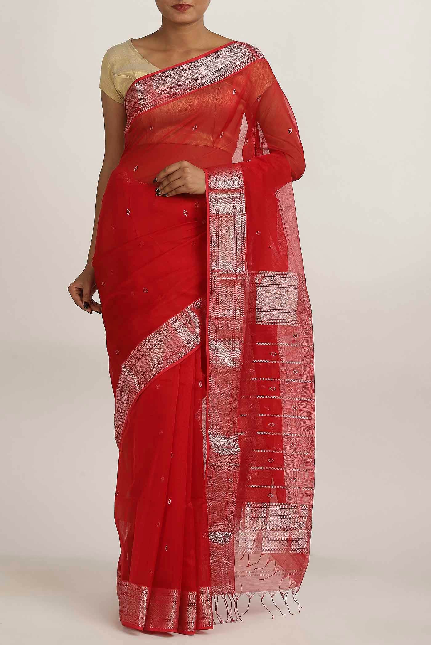 Red Maheshwari Silk Cotton Saree