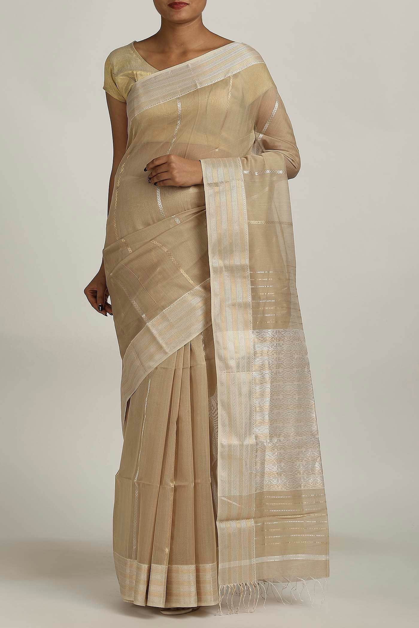 Beige Maheshwari Silk Cotton Saree