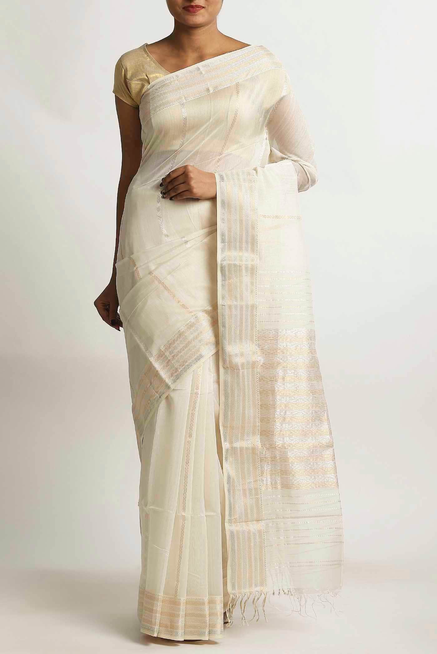 White Maheshwari Silk Cotton Saree