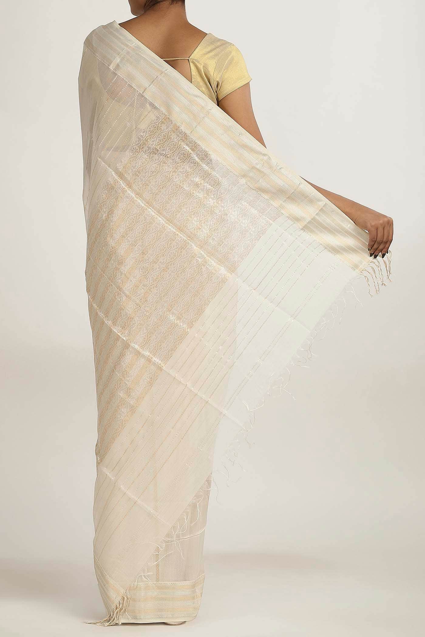 White Maheshwari Silk Cotton Saree