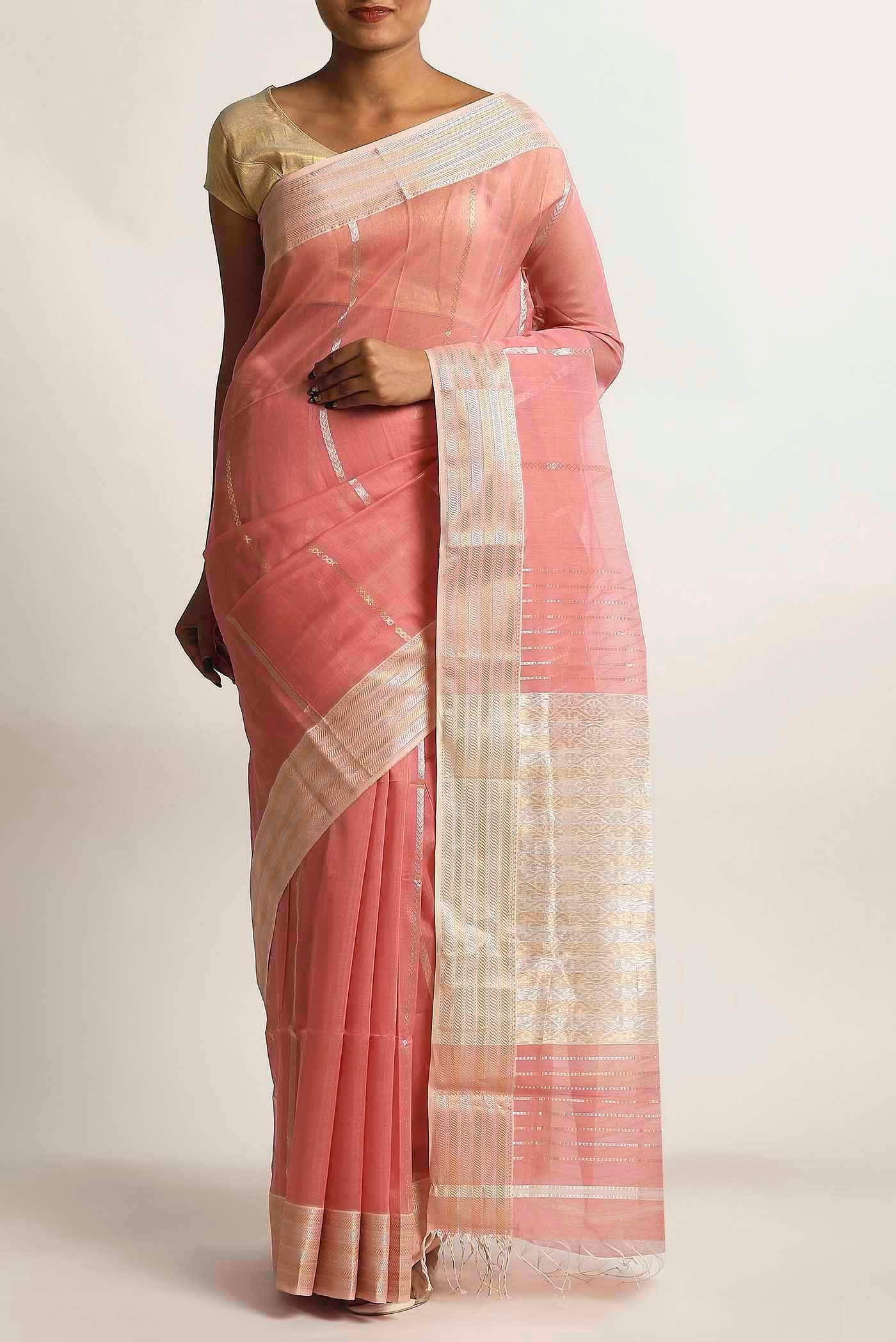 Coral Maheshwari Silk Cotton Saree