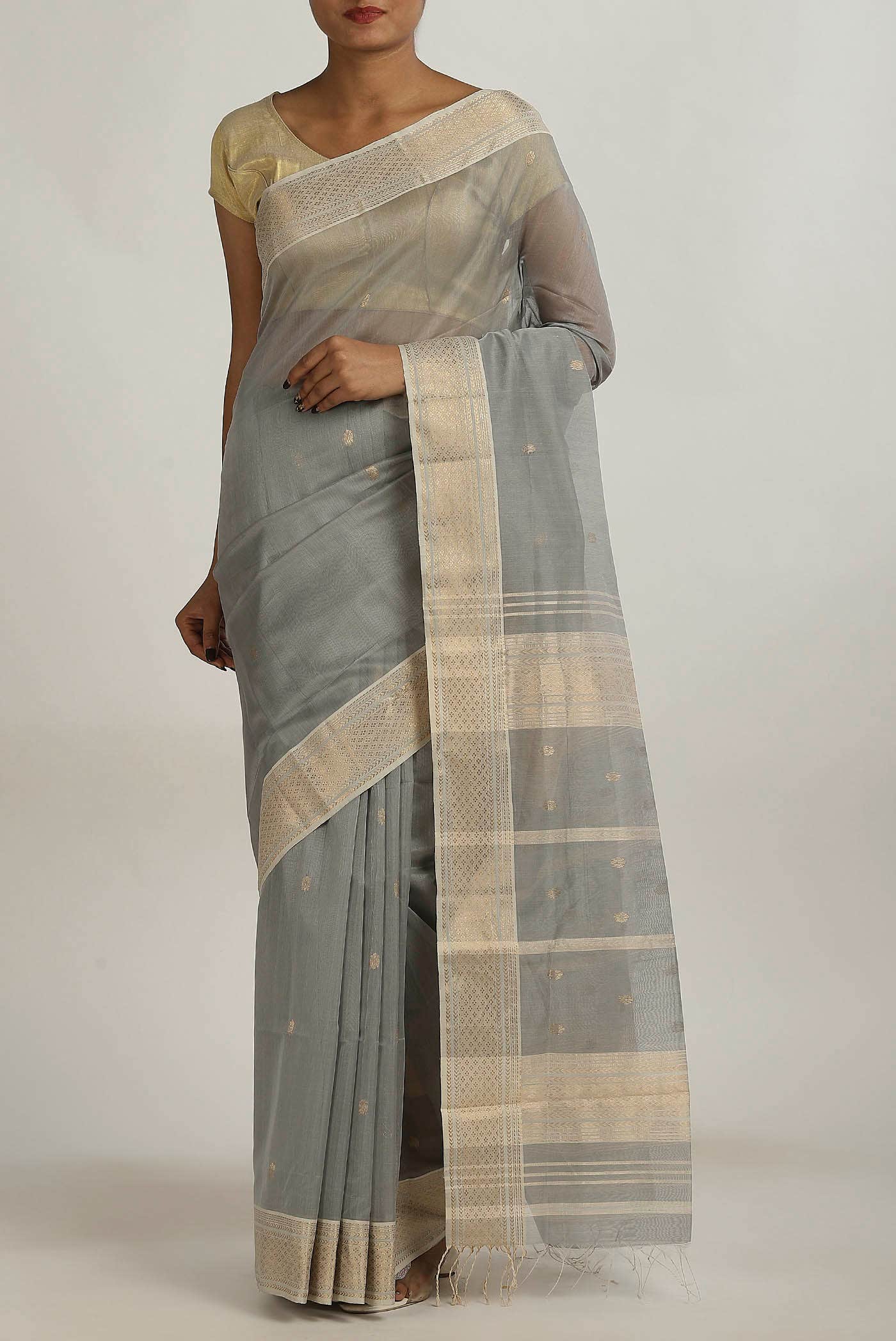 Grey Maheshwari Silk Cotton Saree
