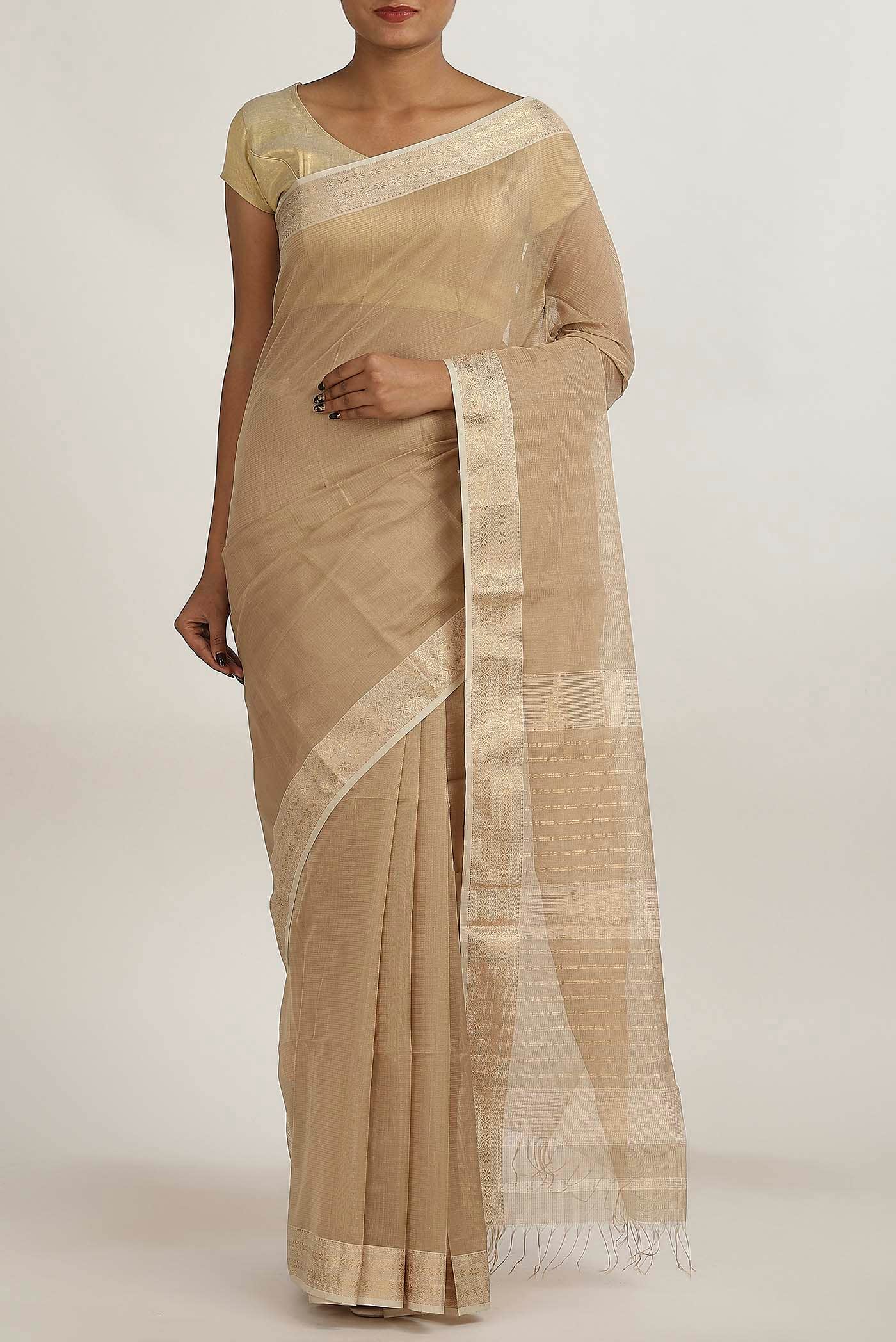 Beige Maheshwari Silk Cotton Saree