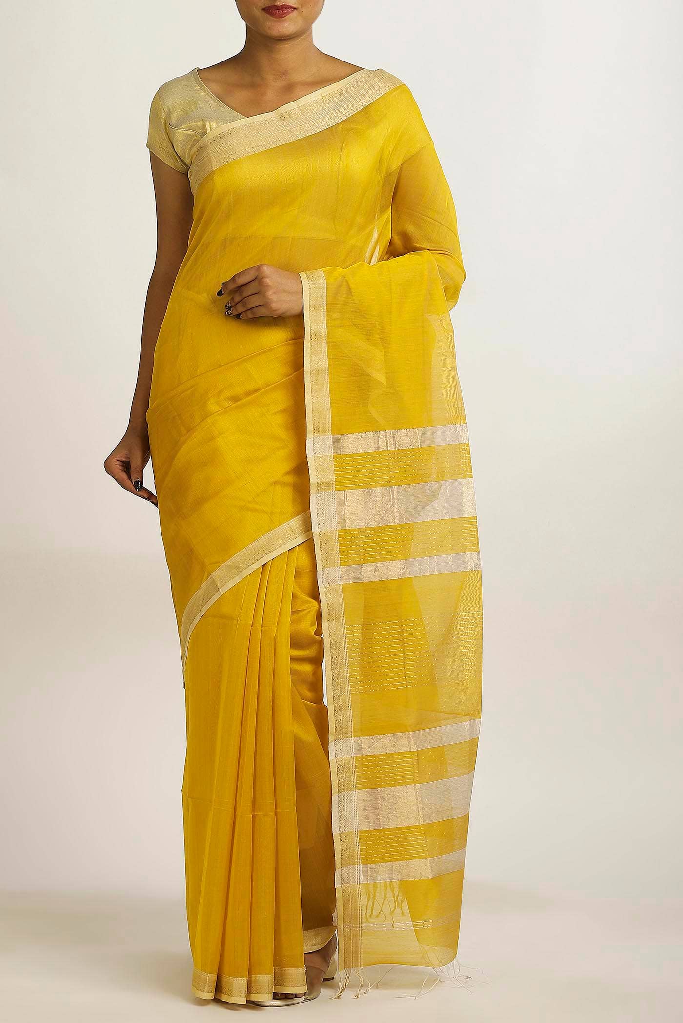 Yellow Maheshwari Silk Cotton Saree