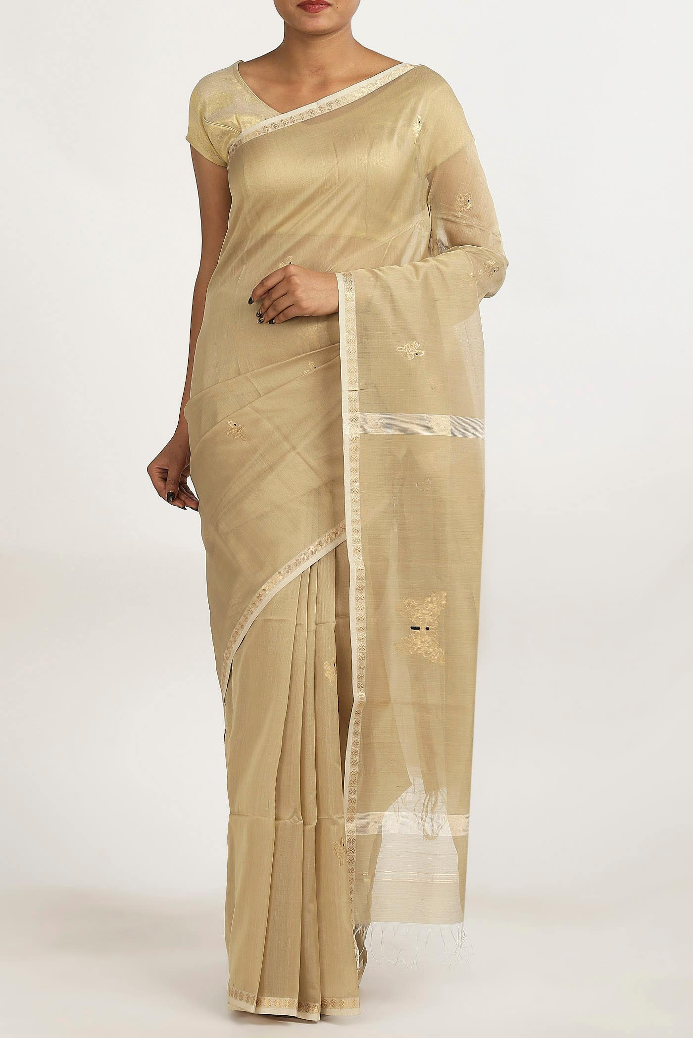 Beige Maheshwari Silk Cotton Saree