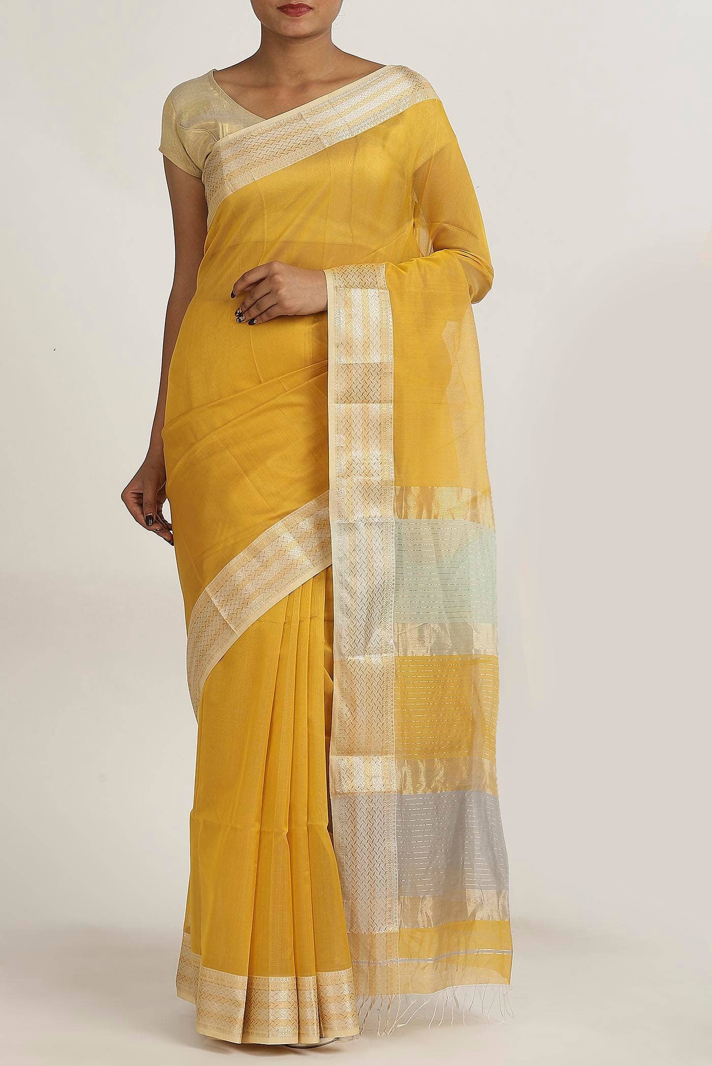 Yellow Maheshwari Silk Cotton Saree