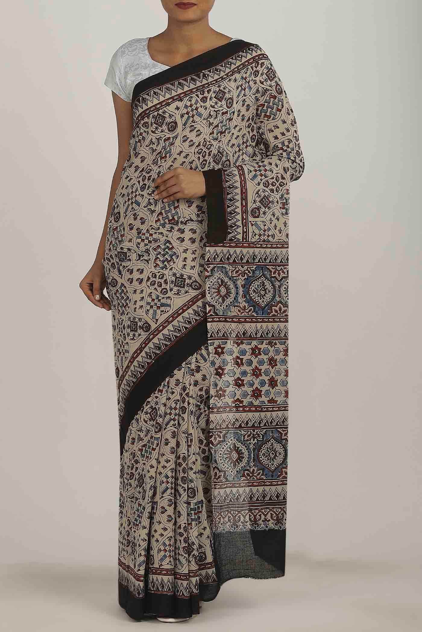 Beige Printed Cotton Saree