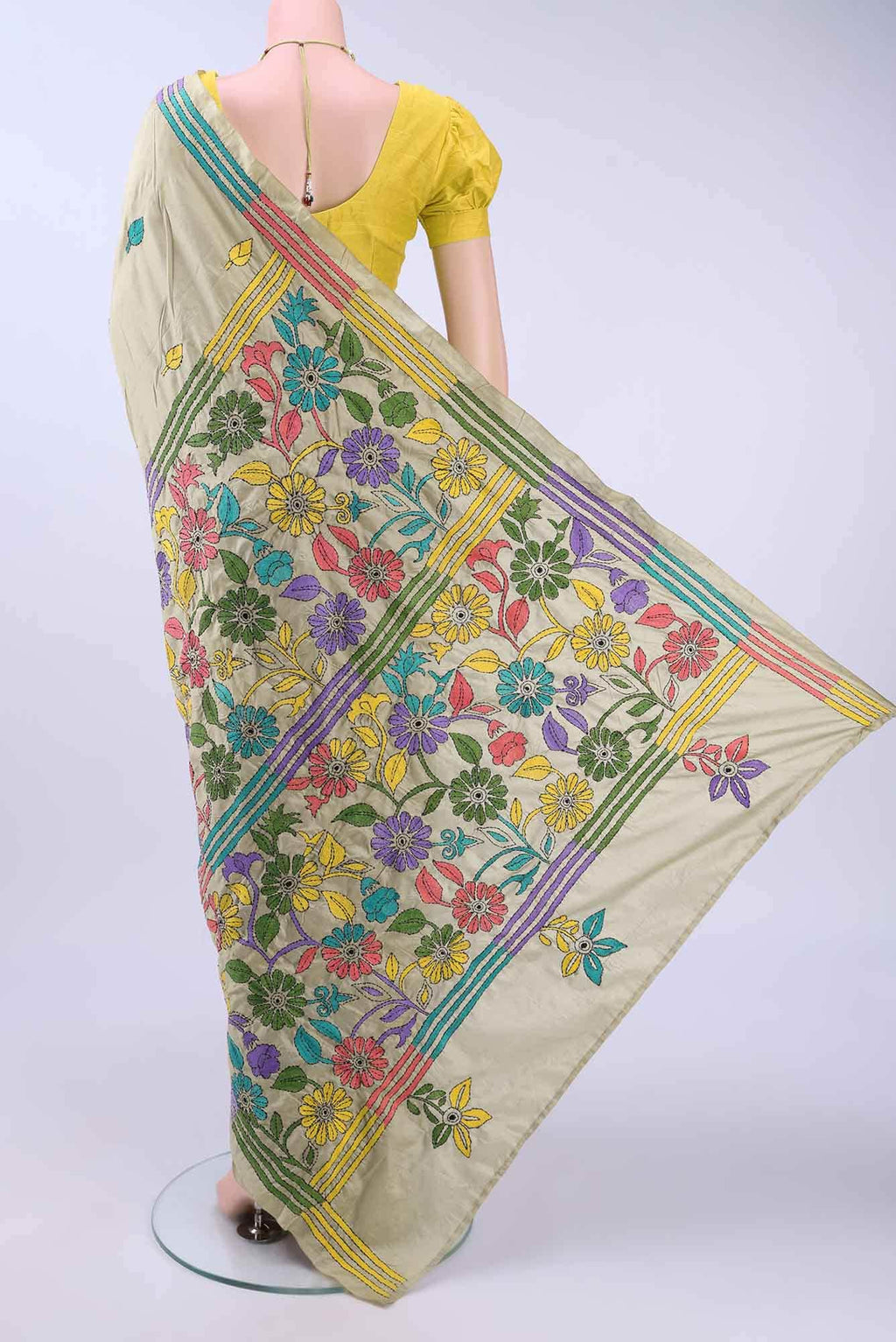 Beige Kantha Silk Saree