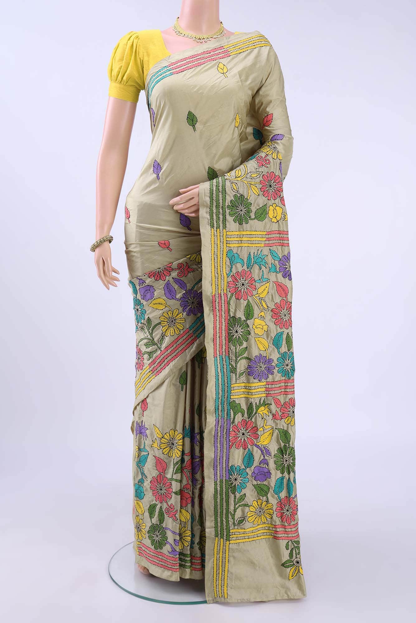Beige Kantha Silk Saree