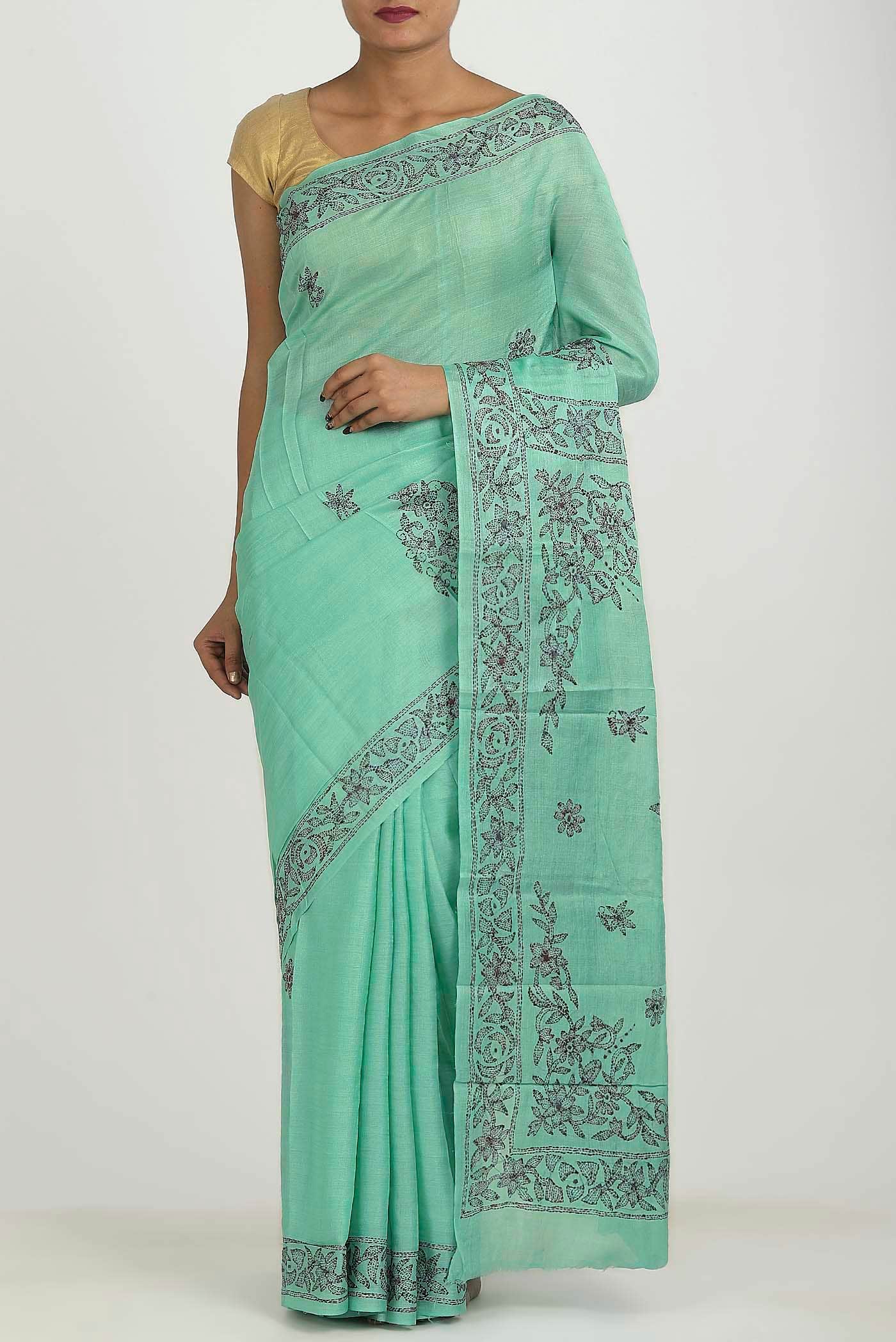 Sea Green Tussar Silk Saree