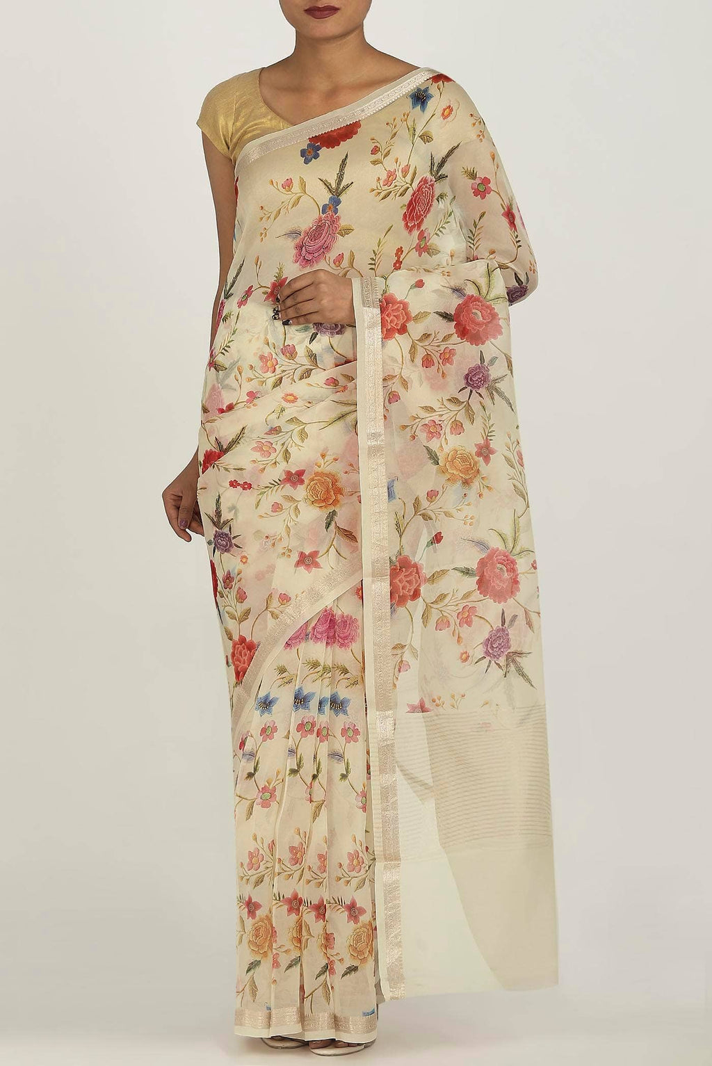 Cream Pure Organza Silk Saree