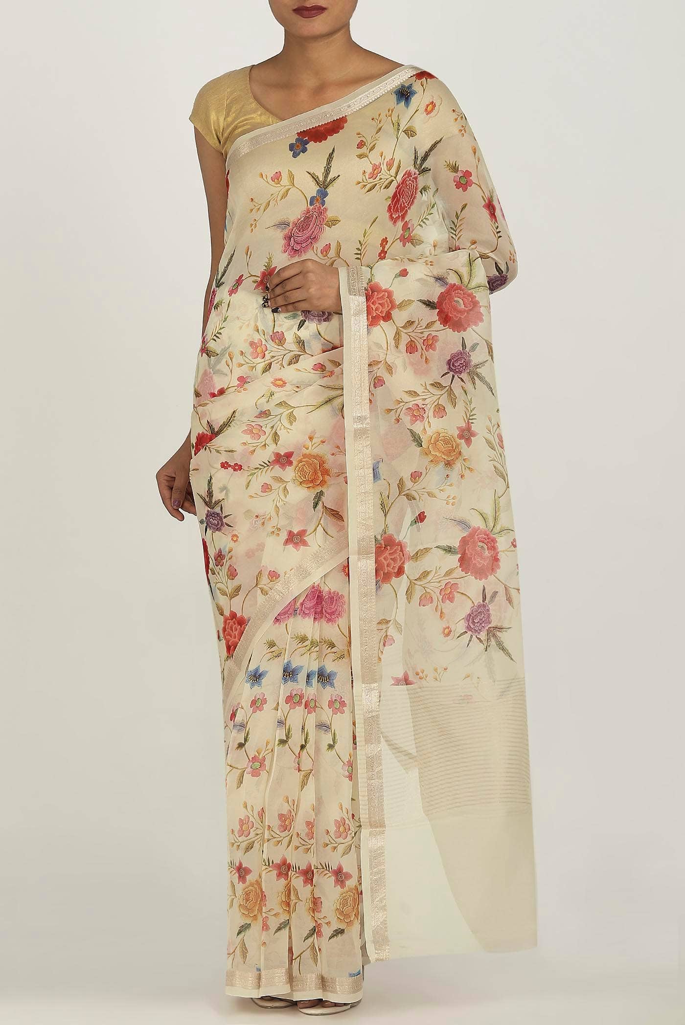 Cream Pure Organza Silk Saree